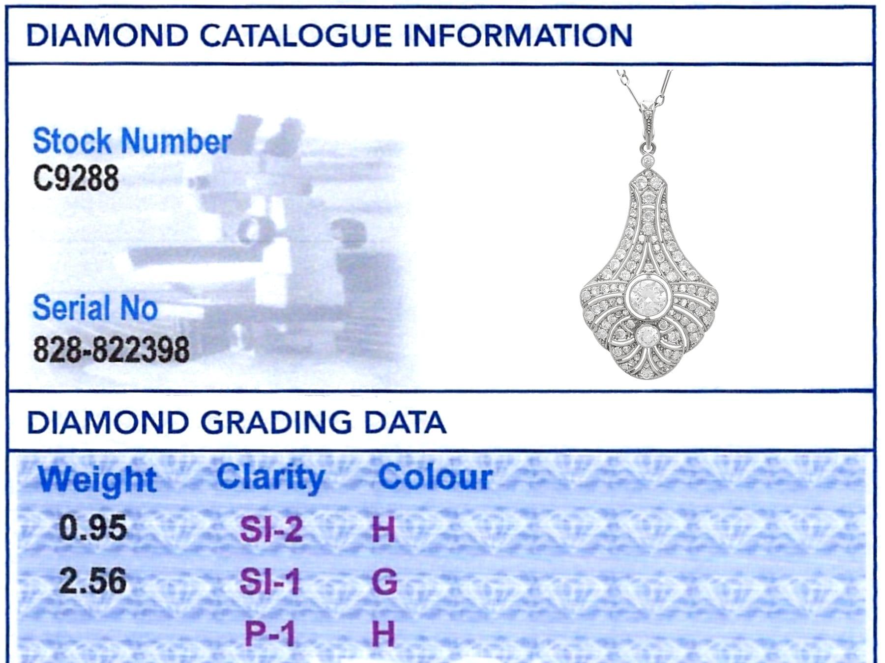 Antique Art Deco 3.51 Carat Diamond and 18k White Gold Pendant Circa 1925 For Sale 5