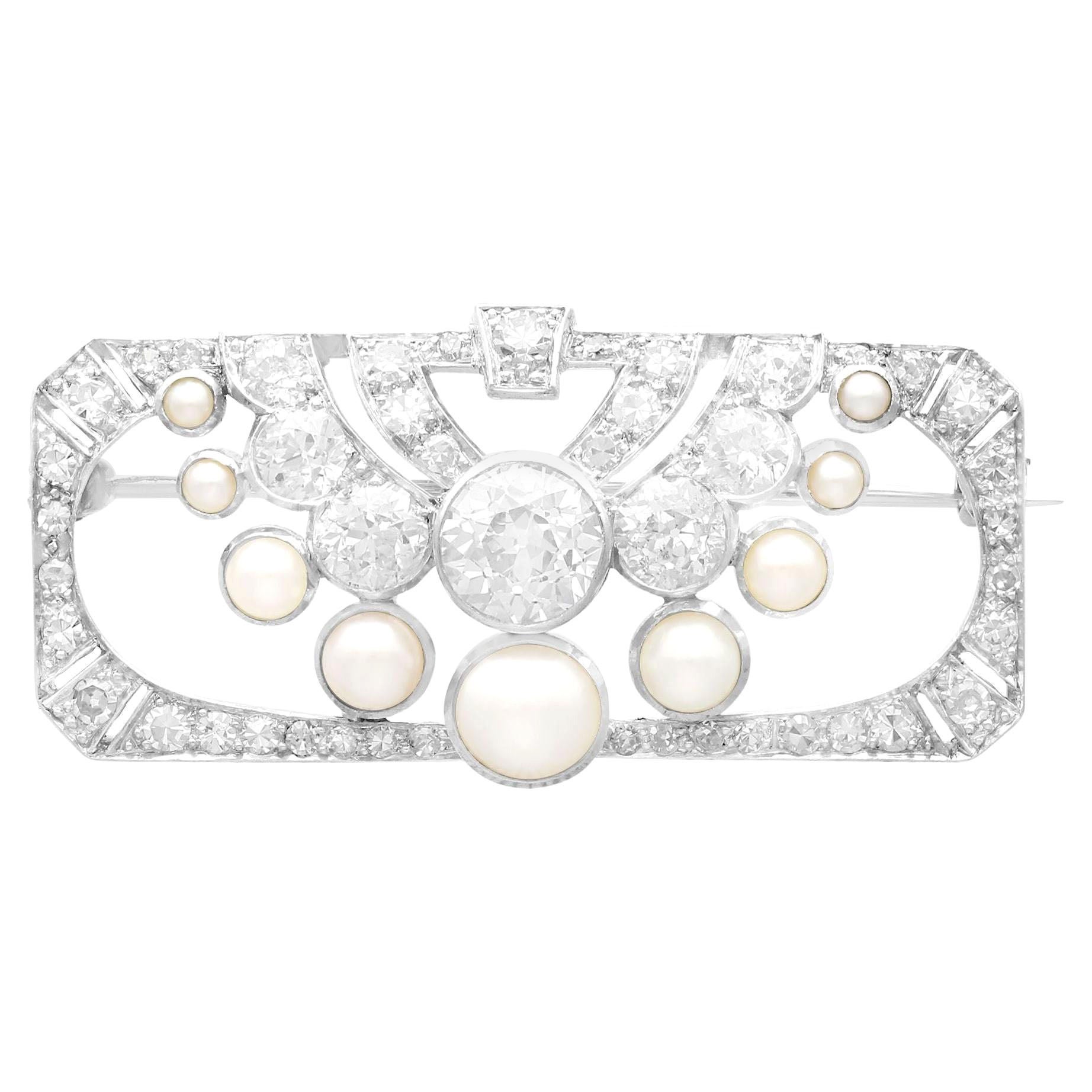 Broche ancienne Art déco en platine avec diamants de 3,51 carats et perles