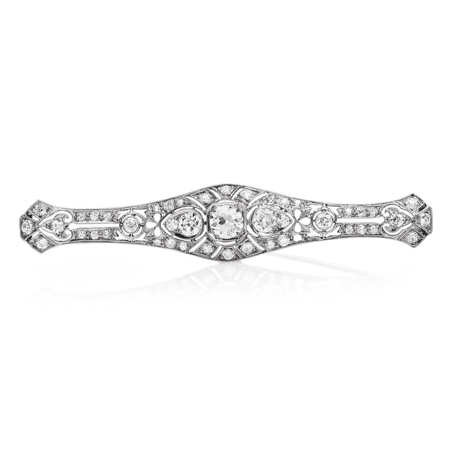 Antique Art Deco 3.75 Cts Old Diamond Platinum Geometric Bar Brooch Pin In Excellent Condition In Miami, FL