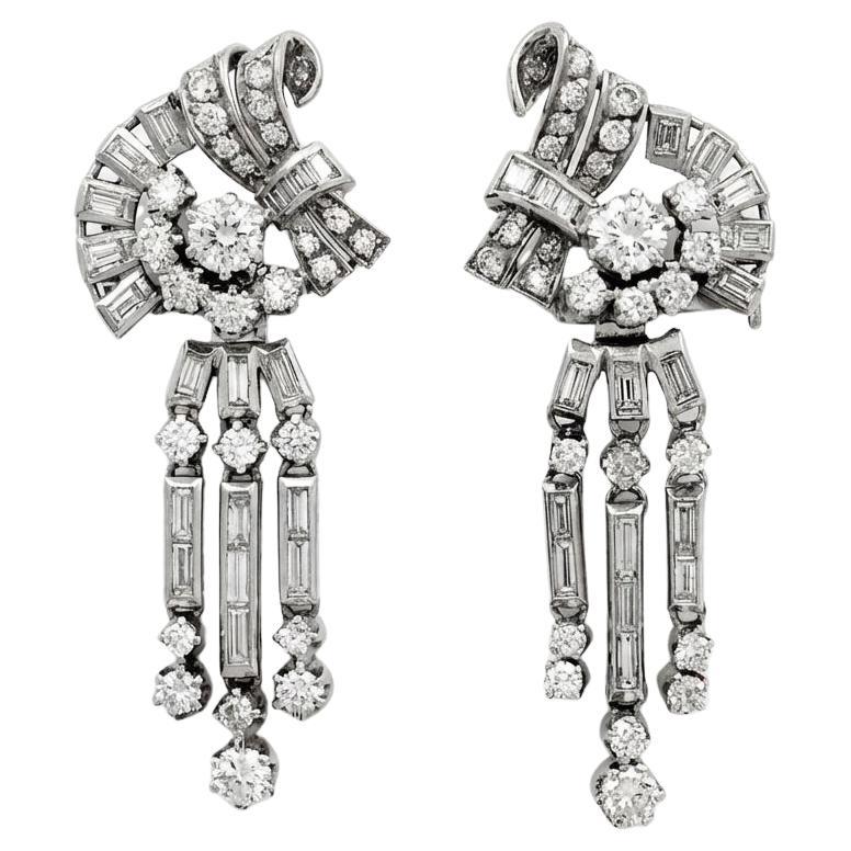 Antique Art Deco 4.00 Carat Diamond “Night and Day” Drop Earrings in 18kt For Sale