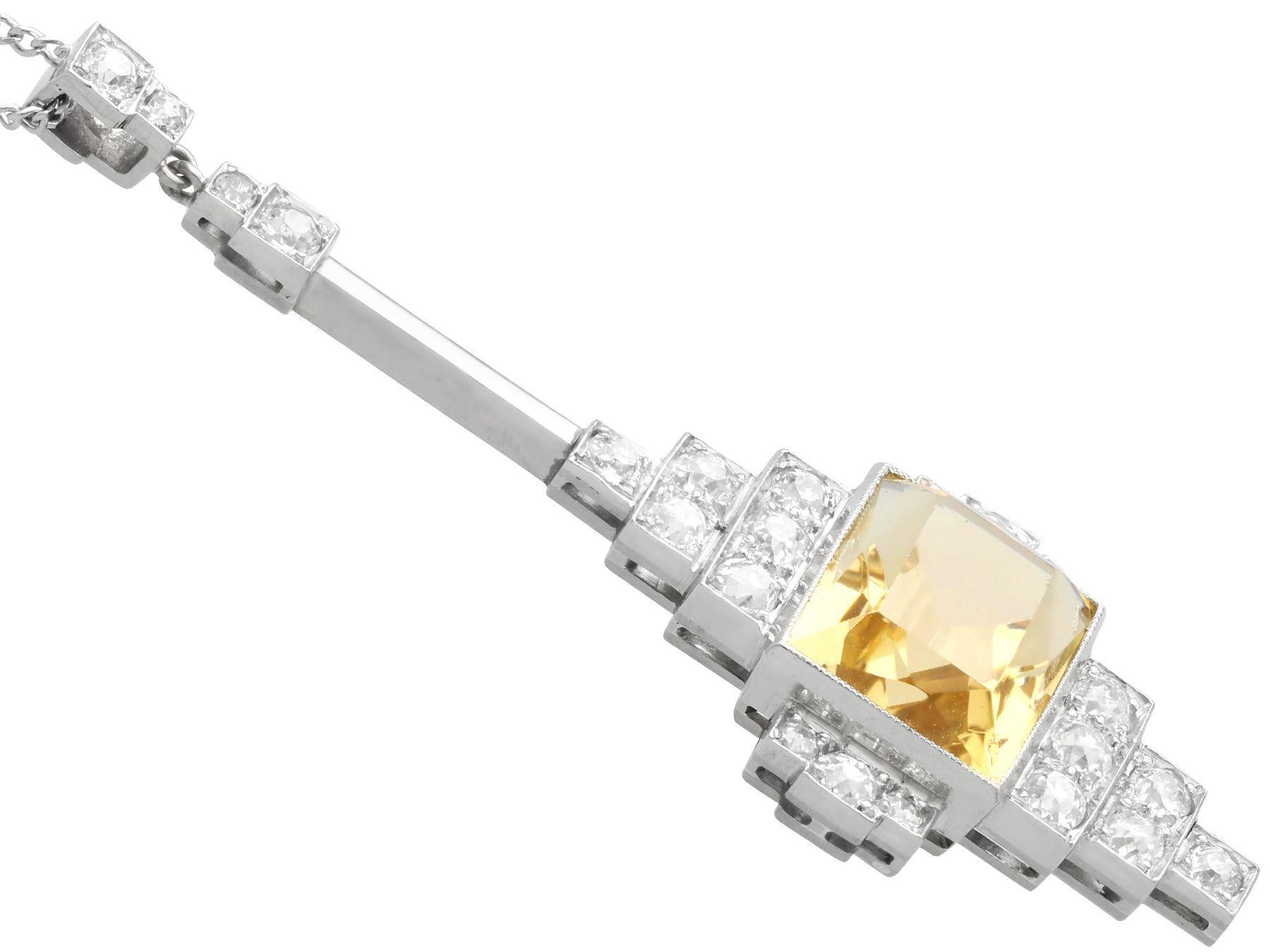 Antique Art Deco 4.20ct Citrine and Diamond 18K White Gold and Platinum Pendant In Excellent Condition For Sale In Jesmond, Newcastle Upon Tyne