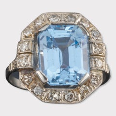 Antiker Art-Déco-Ring aus Platin mit 4,48 Karat Aquamarin und Diamant