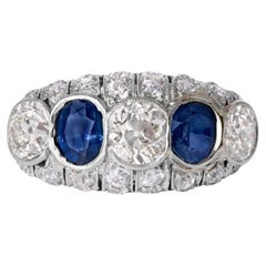 Antique Art Deco 5 Carat Domed Diamond Sapphire 5 Stone Platinum Engagement Ring