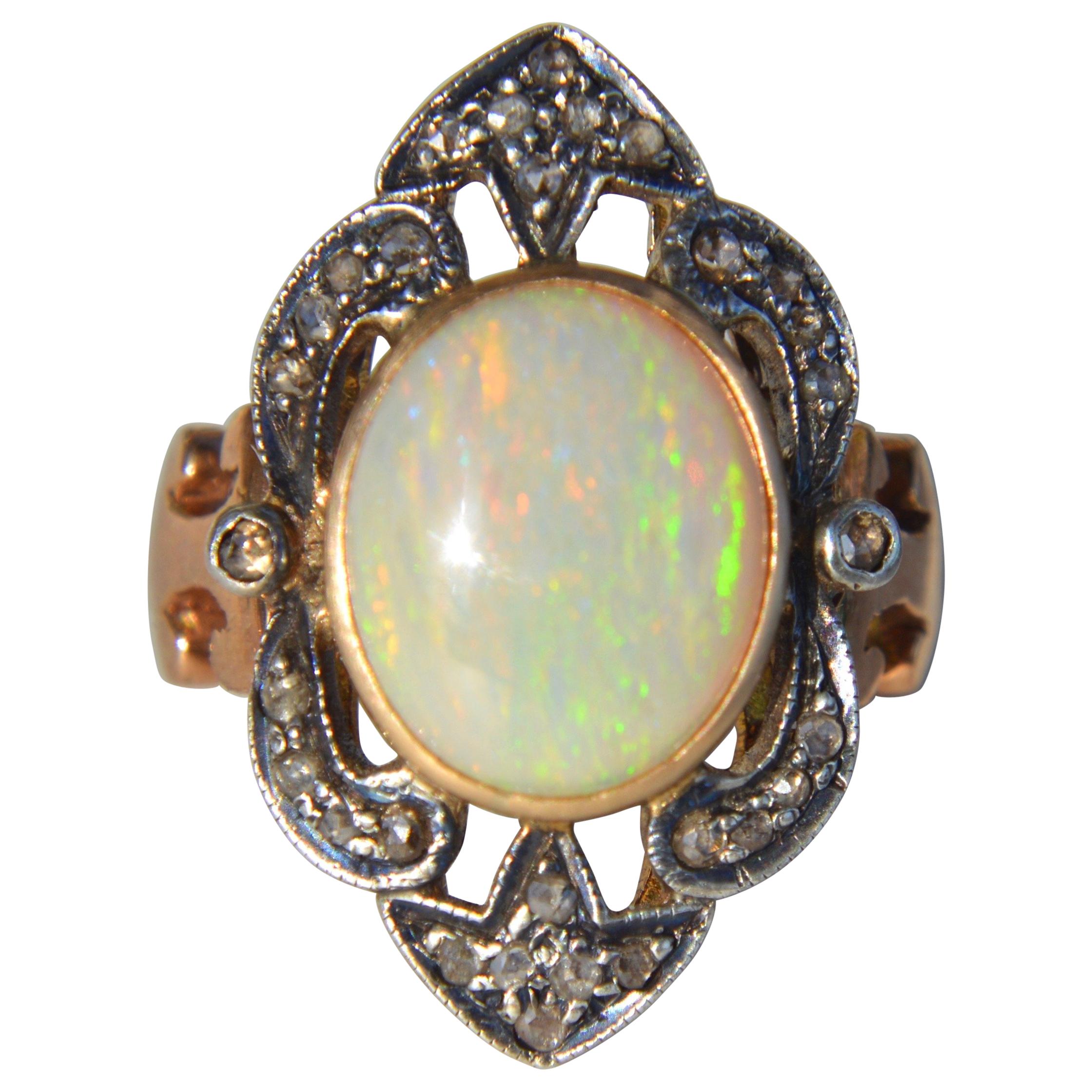 Antique Art Deco 5 Carat Opal Diamond 10 Karat Rose Gold Cocktail Ring