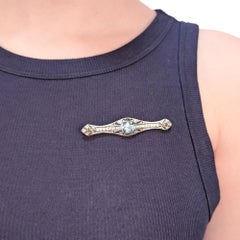 Antique Art Deco 5.33 TCW Platinum, Aquamarine & Diamond Brooch or Bar Pin