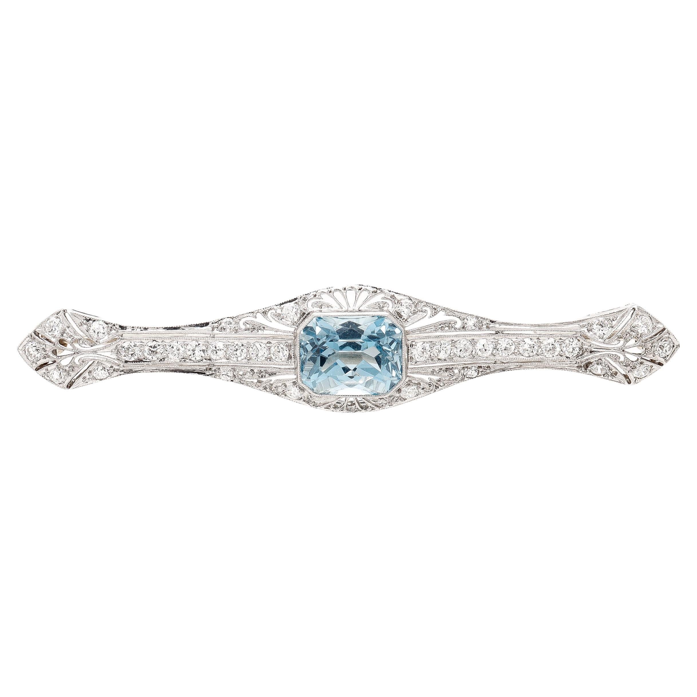 Antique Art Deco 5.33 TCW Platinum, Aquamarine & Diamond Brooch or Bar Pin