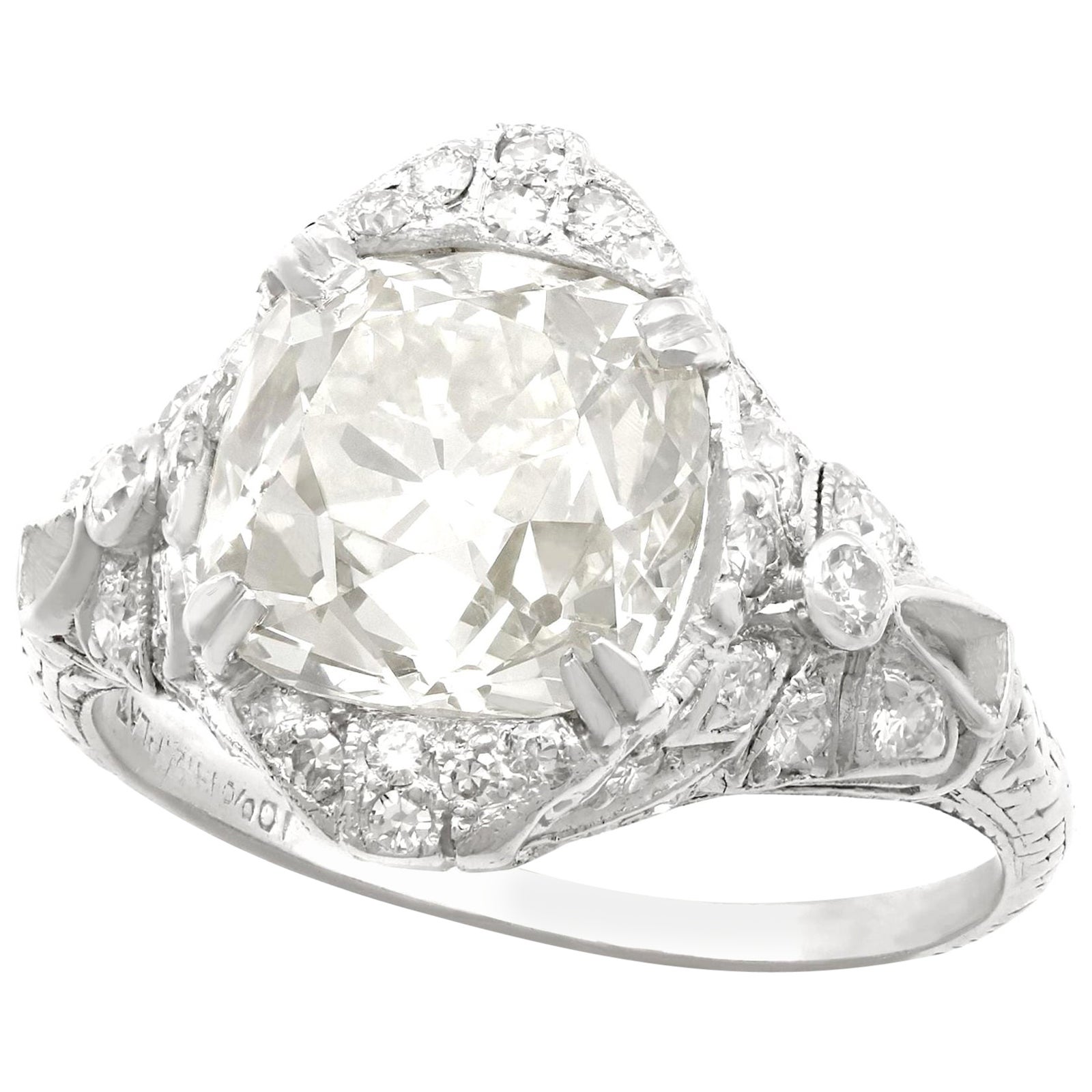 Anello da cocktail in platino con diamante da 5,39 carati in stile antico Art Deco