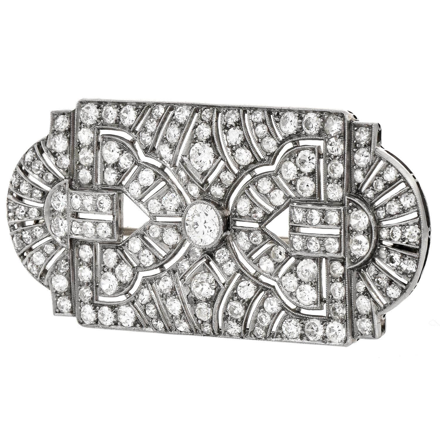 Antique Art Deco 5.50ct Diamond Platinum Filigree Geometric Open Brooch Pin In Excellent Condition For Sale In Miami, FL