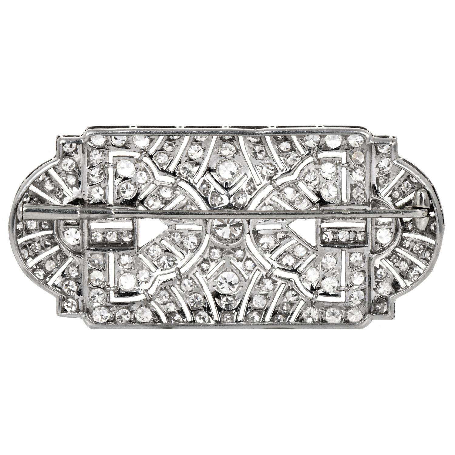 Women's or Men's Antique Art Deco 5.50ct Diamond Platinum Filigree Geometric Open Brooch Pin For Sale