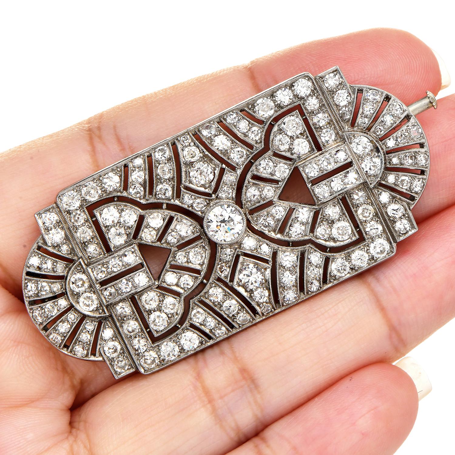 Antique Art Deco 5.50ct Diamond Platinum Filigree Geometric Open Brooch Pin For Sale 2
