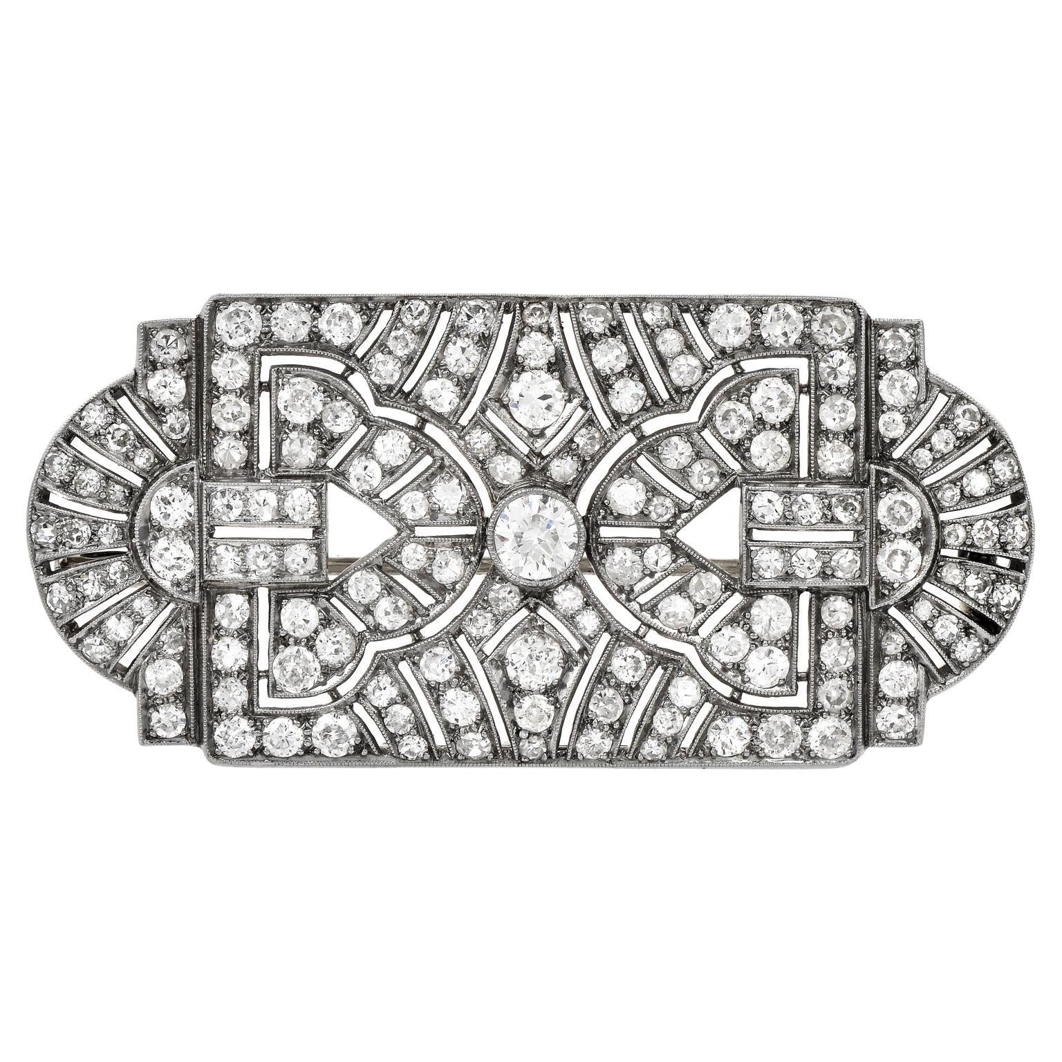 Antique Art Deco 5.50ct Diamond Platinum Filigree Geometric Open Brooch Pin For Sale