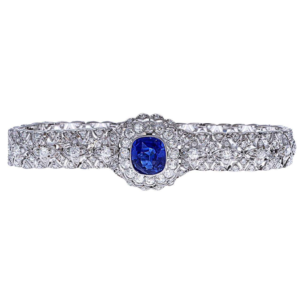 Antique Art Deco 5.85 Carat Blue Sapphire and Diamond Bracelet For Sale