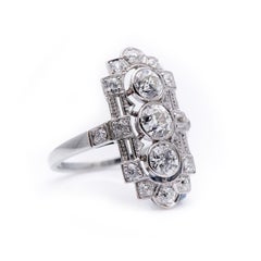 Antique, Art Deco, 585 White Gold, Old-Cut Diamond Plaque Engagement Ring