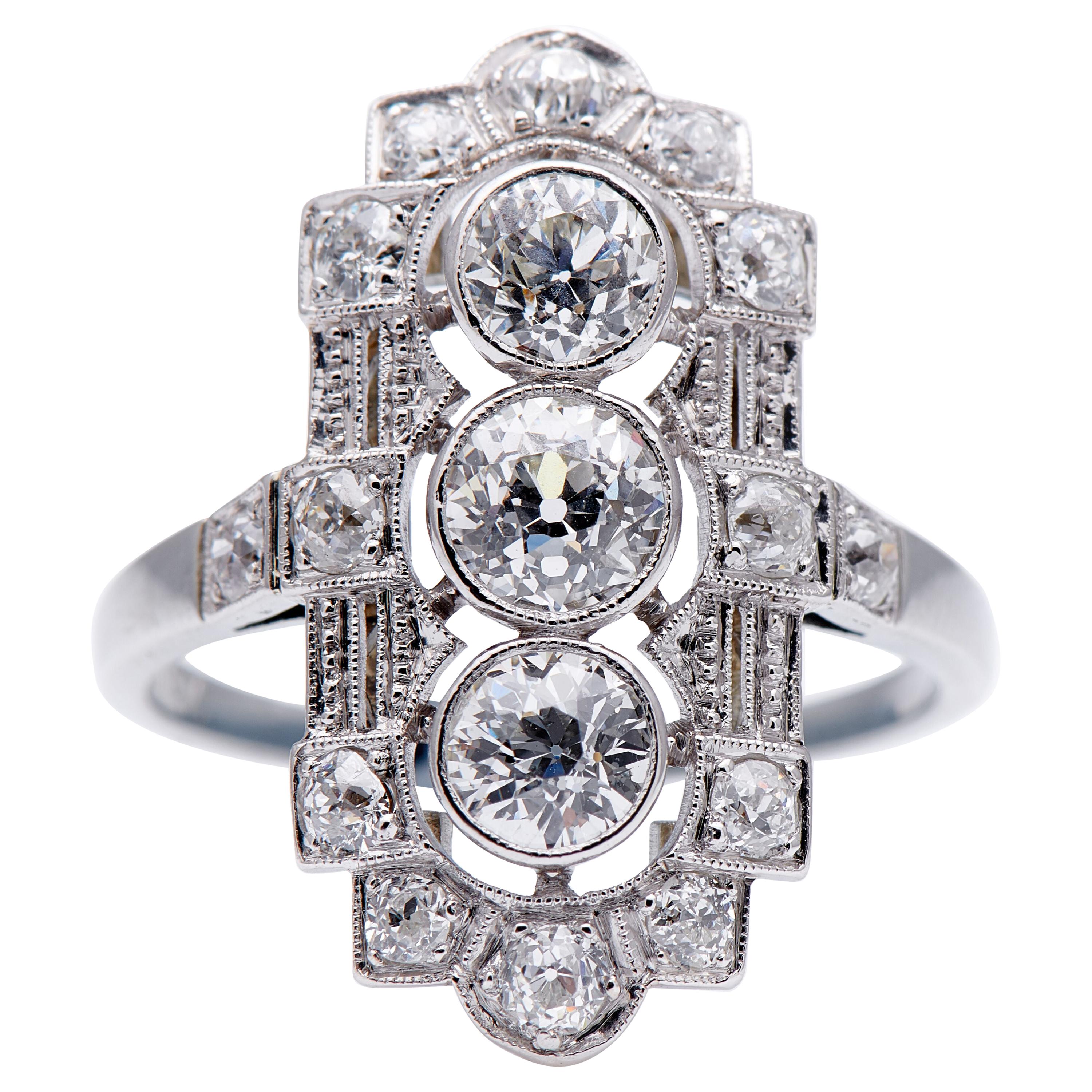 Antique, Art Deco, 585 White Gold, Old-Cut Diamond Plaque Engagement Ring For Sale