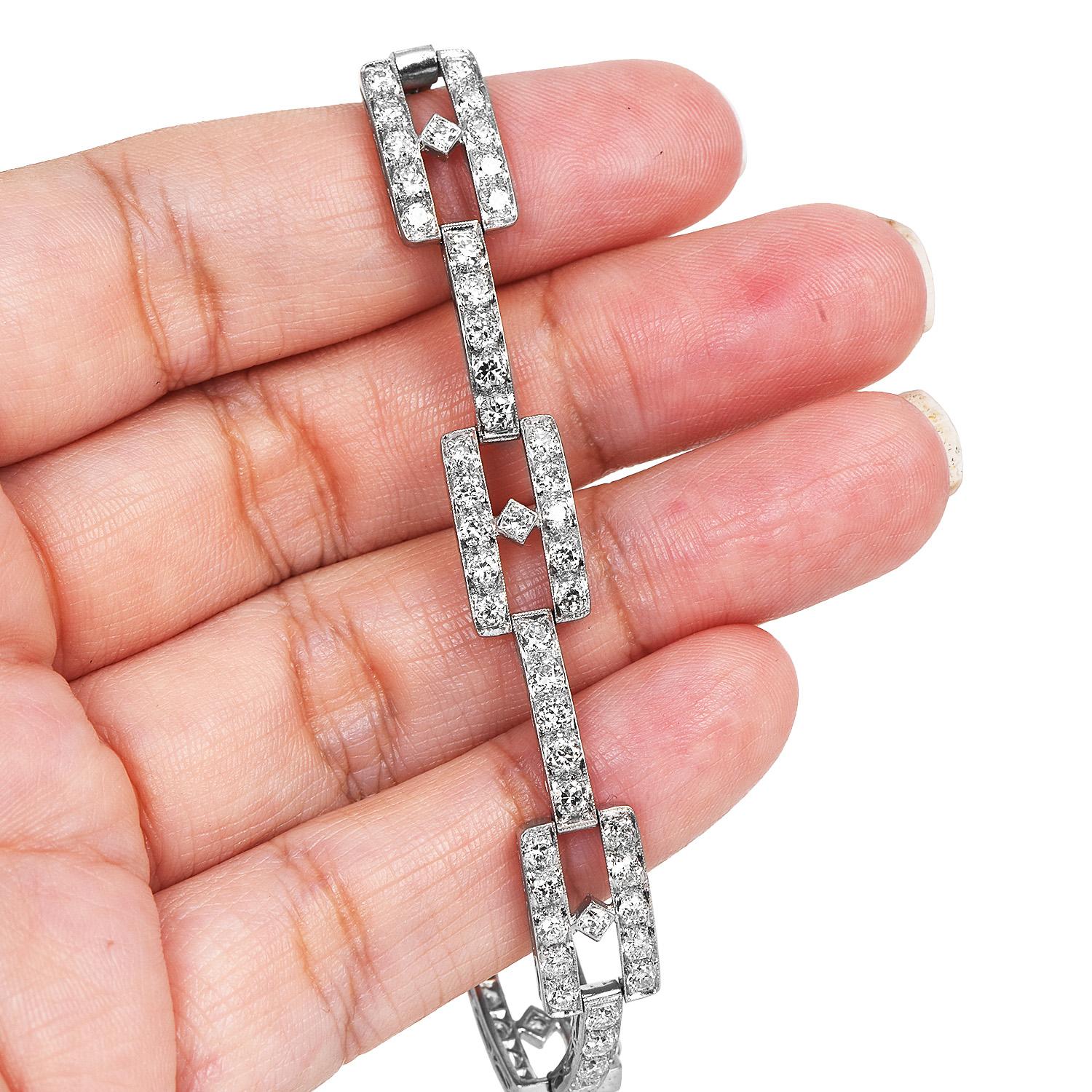 Round Cut Antique Art Deco 6.10 Carats Diamond Platinum Geometric Rectangular Link Bracele For Sale