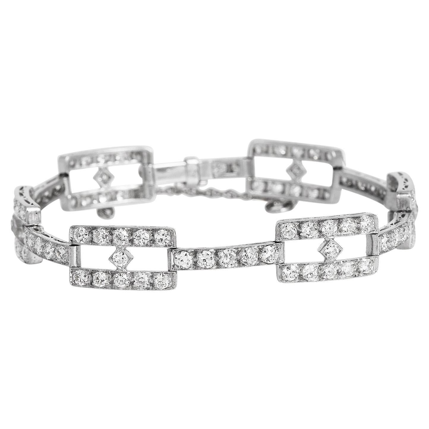 Antique Art Deco 6.10 Carats Diamond Platinum Geometric Rectangular Link Bracele For Sale