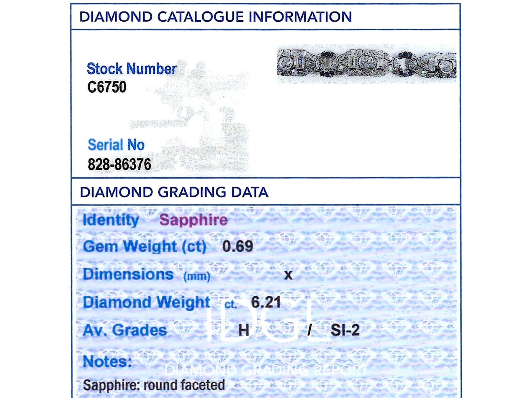 Art Deco 6.21 Carat Diamond and Sapphire Bracelet in Platinum For Sale 7