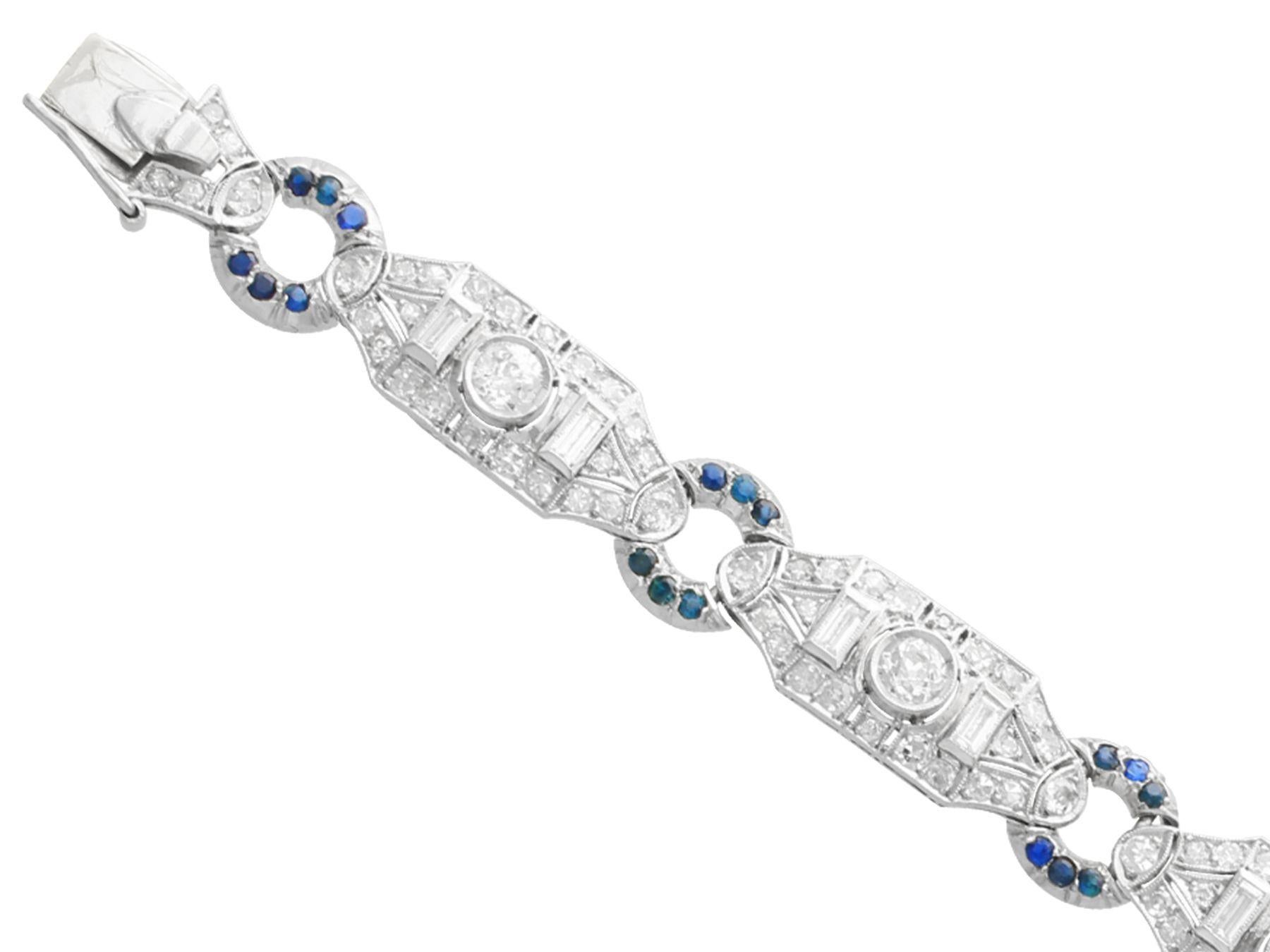 Taille vieille Europe Bracelet Art déco en platine avec diamants et saphirs de 6,21 carats en vente