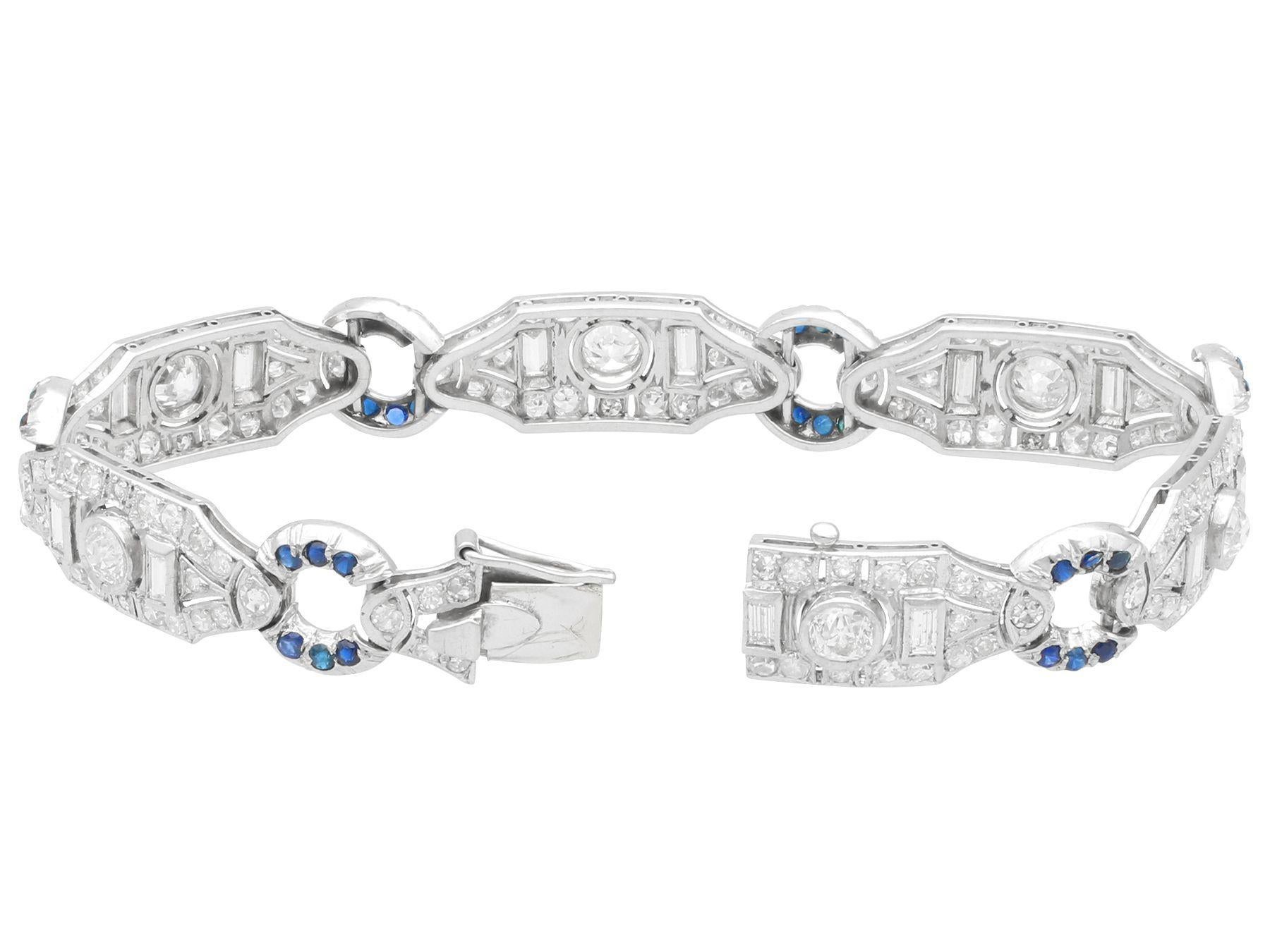 Art Deco 6.21 Carat Diamond and Sapphire Bracelet in Platinum For Sale 2