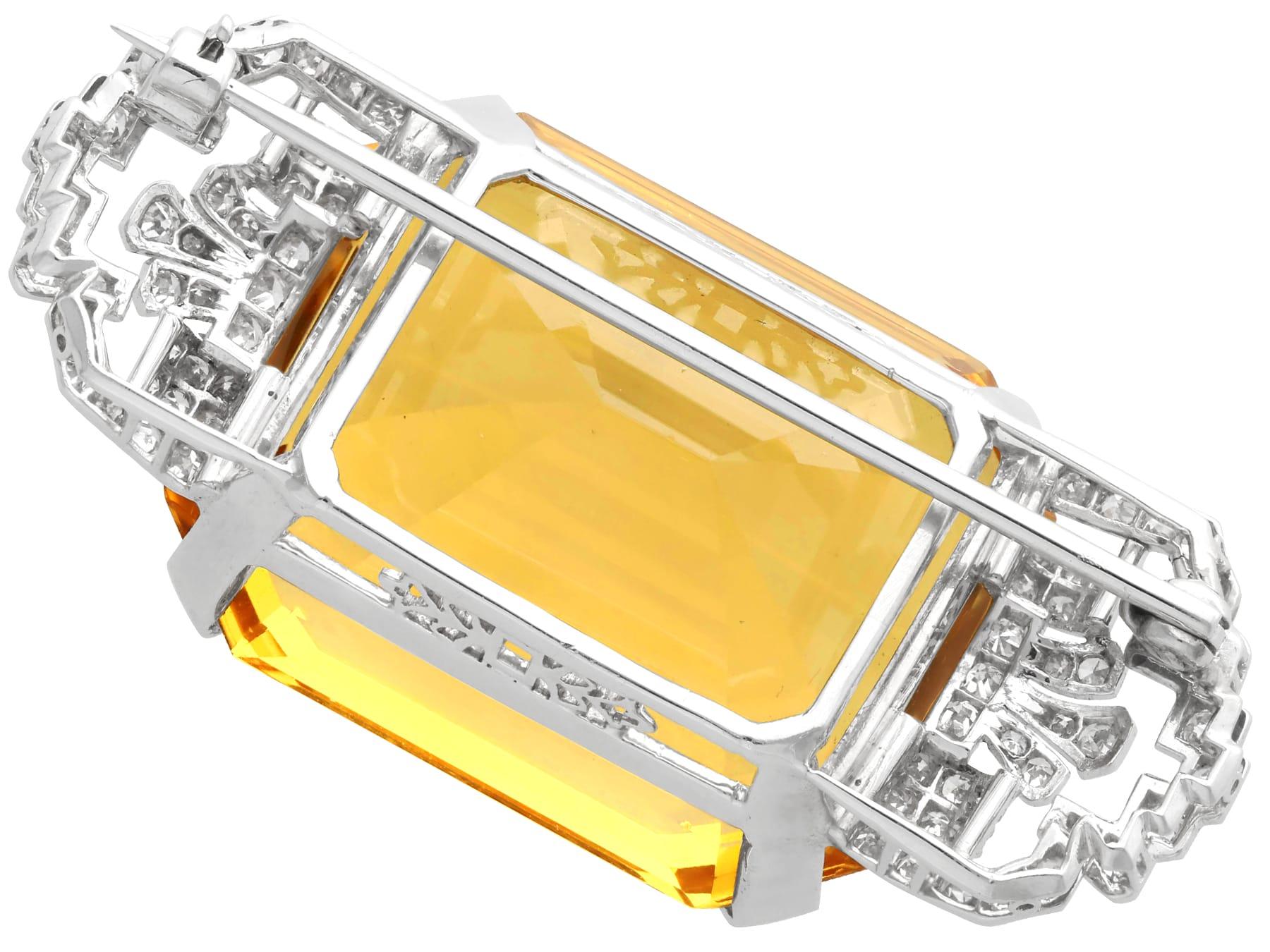 Antique Art Deco 77.42ct Citrine and 1.16ct Diamond Platinum Brooch Circa 1935 In Excellent Condition For Sale In Jesmond, Newcastle Upon Tyne
