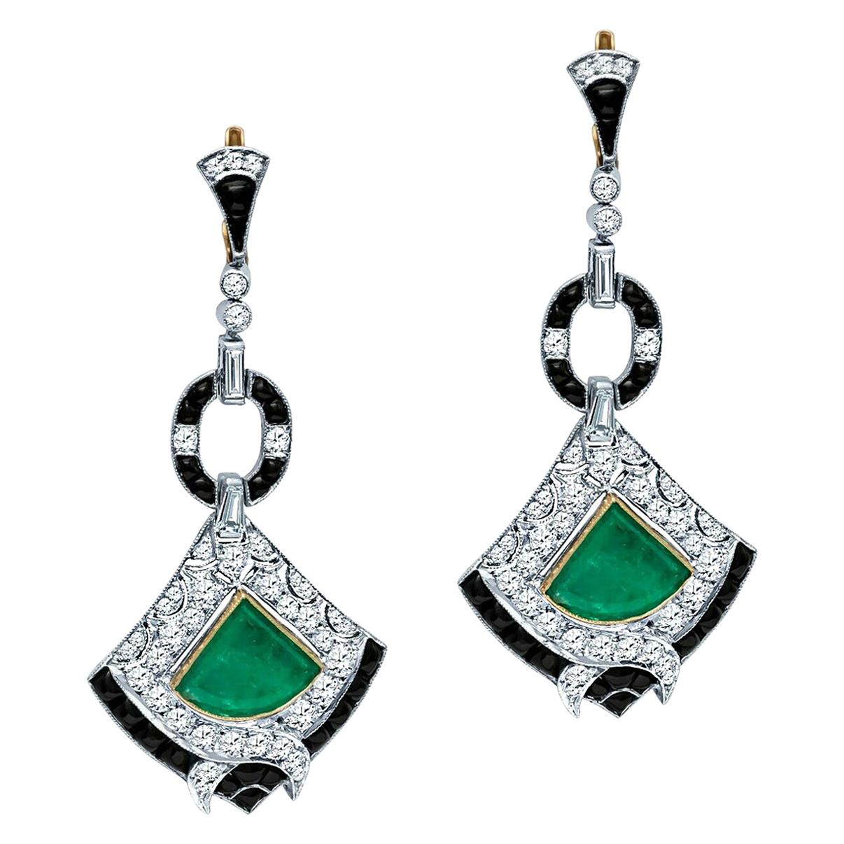 Antique Art Deco 8.58 Carat Diamond Colombian Emerald Platinum Dangle Earrings