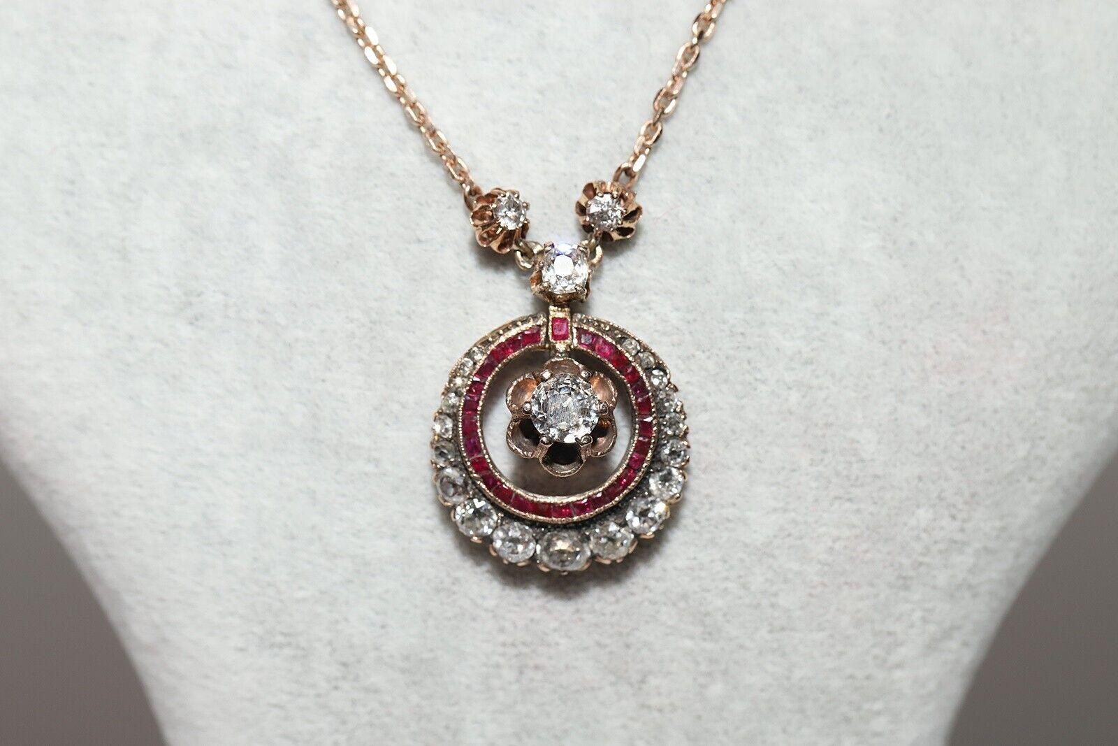 Collier antique Art Decor en or 8k orné de diamants naturels et de rubis en vente 6