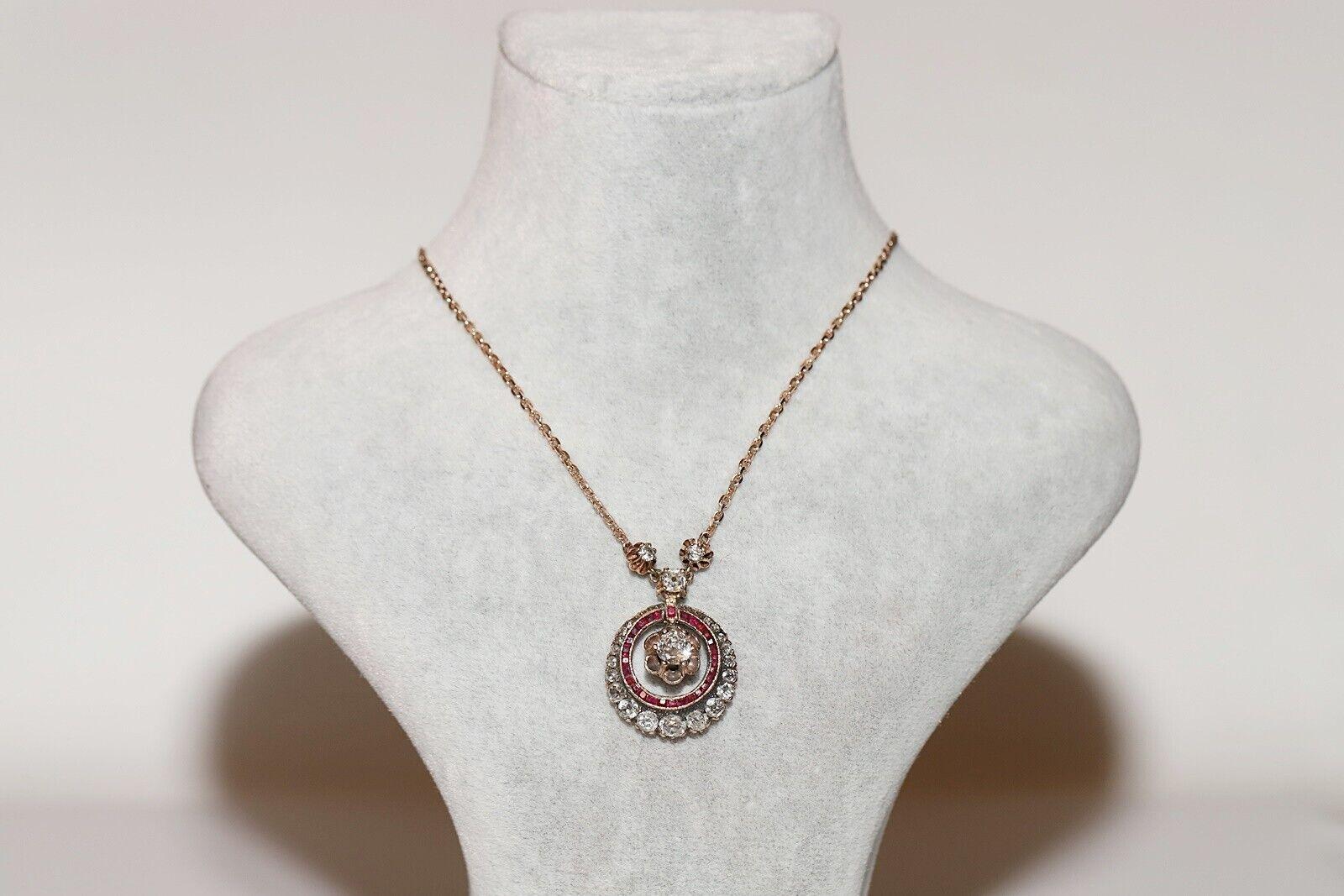 Taille brillant Collier antique Art Decor en or 8k orné de diamants naturels et de rubis en vente