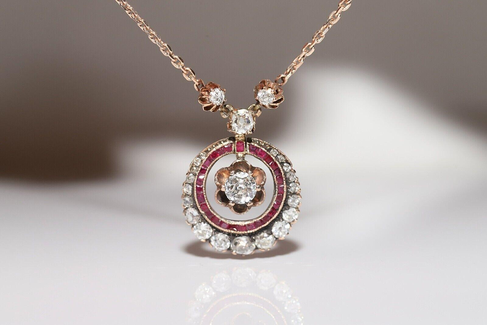 Collier antique Art Decor en or 8k orné de diamants naturels et de rubis Bon état - En vente à Fatih/İstanbul, 34