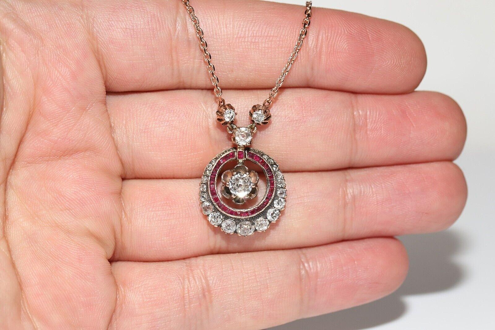 Antique Art Deco 8k Gold Natural Diamond And Ruby Decorated Necklace For Sale 1