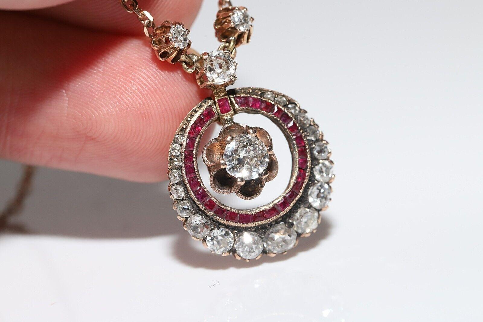 Antique Art Deco 8k Gold Natural Diamond And Ruby Decorated Necklace For Sale 2