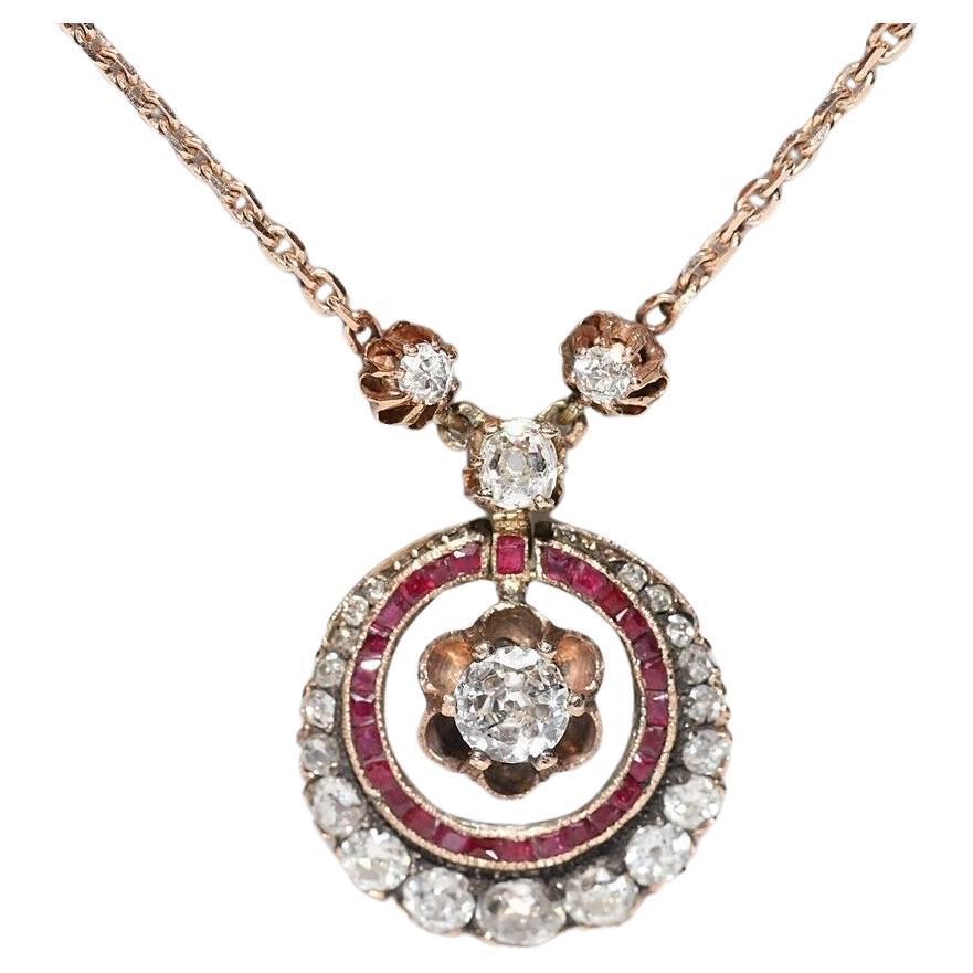Antique Art Deco 8k Gold Natural Diamond And Ruby Decorated Necklace For Sale