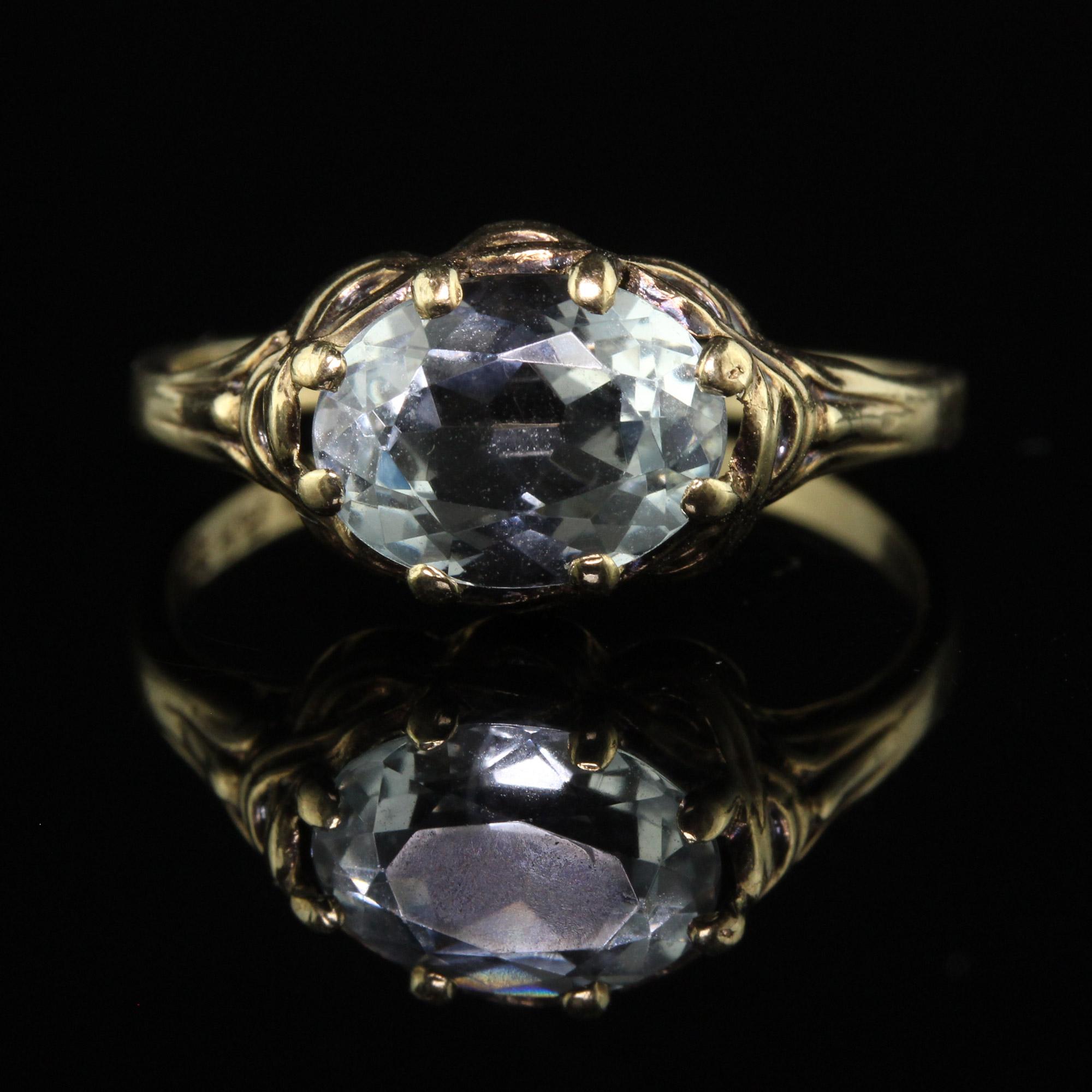 Antique Art Deco 8K Yellow Gold Aquamarine Solitaire Vine Design Ring In Good Condition In Great Neck, NY