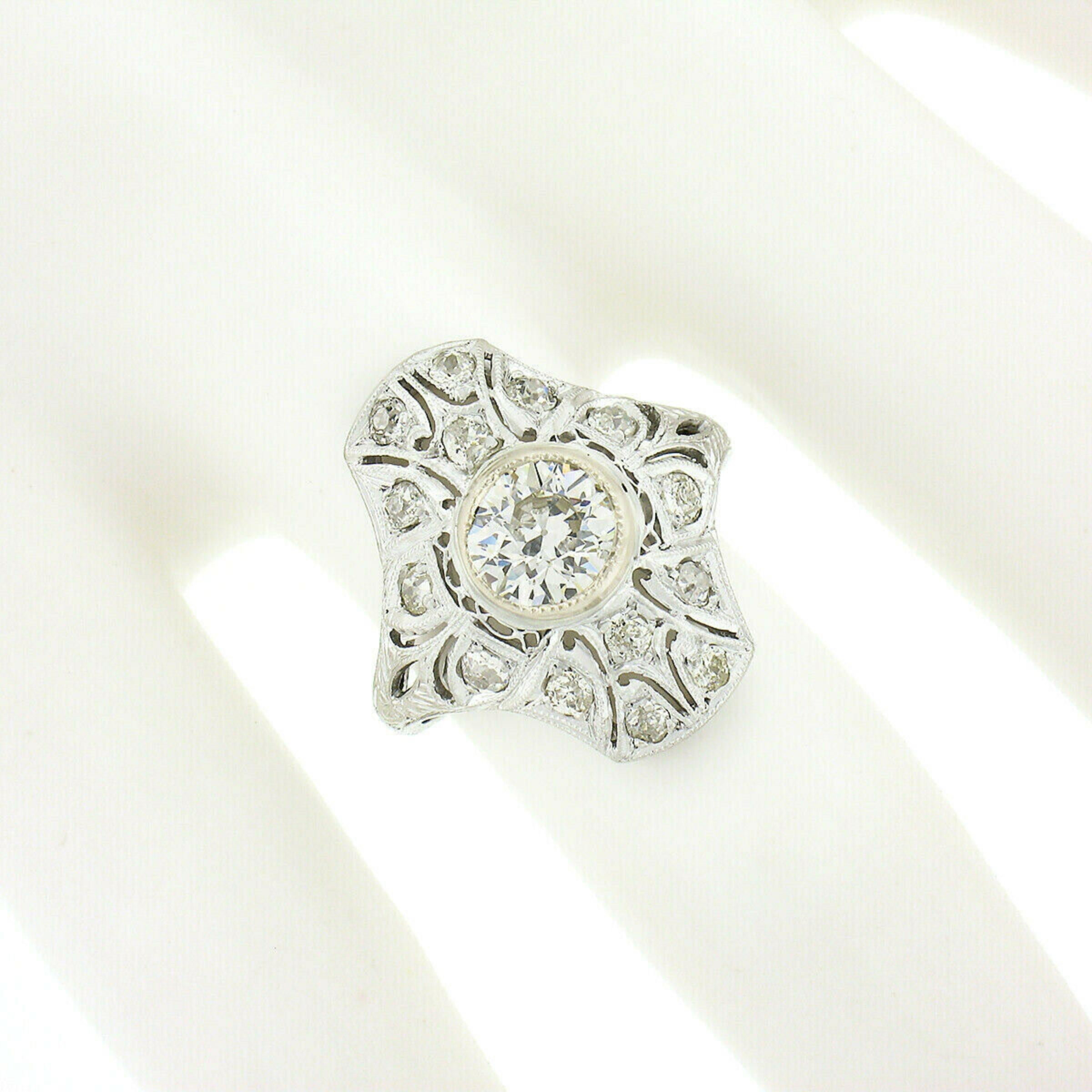 Old European Cut Antique Art Deco .900 Platinum 1.10ct European Diamond Engraved Engagement Ring