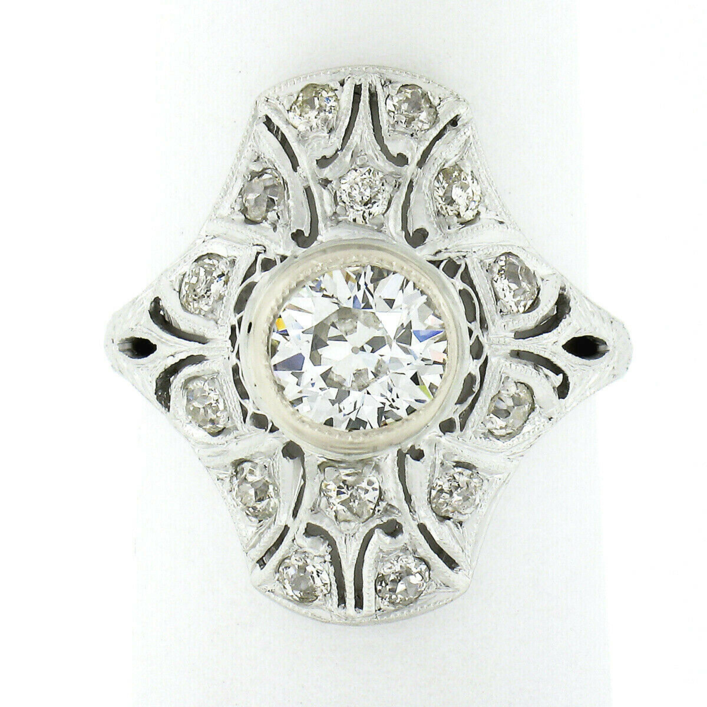 Antique Art Deco .900 Platinum 1.10ct European Diamond Engraved Engagement Ring In Good Condition In Montclair, NJ