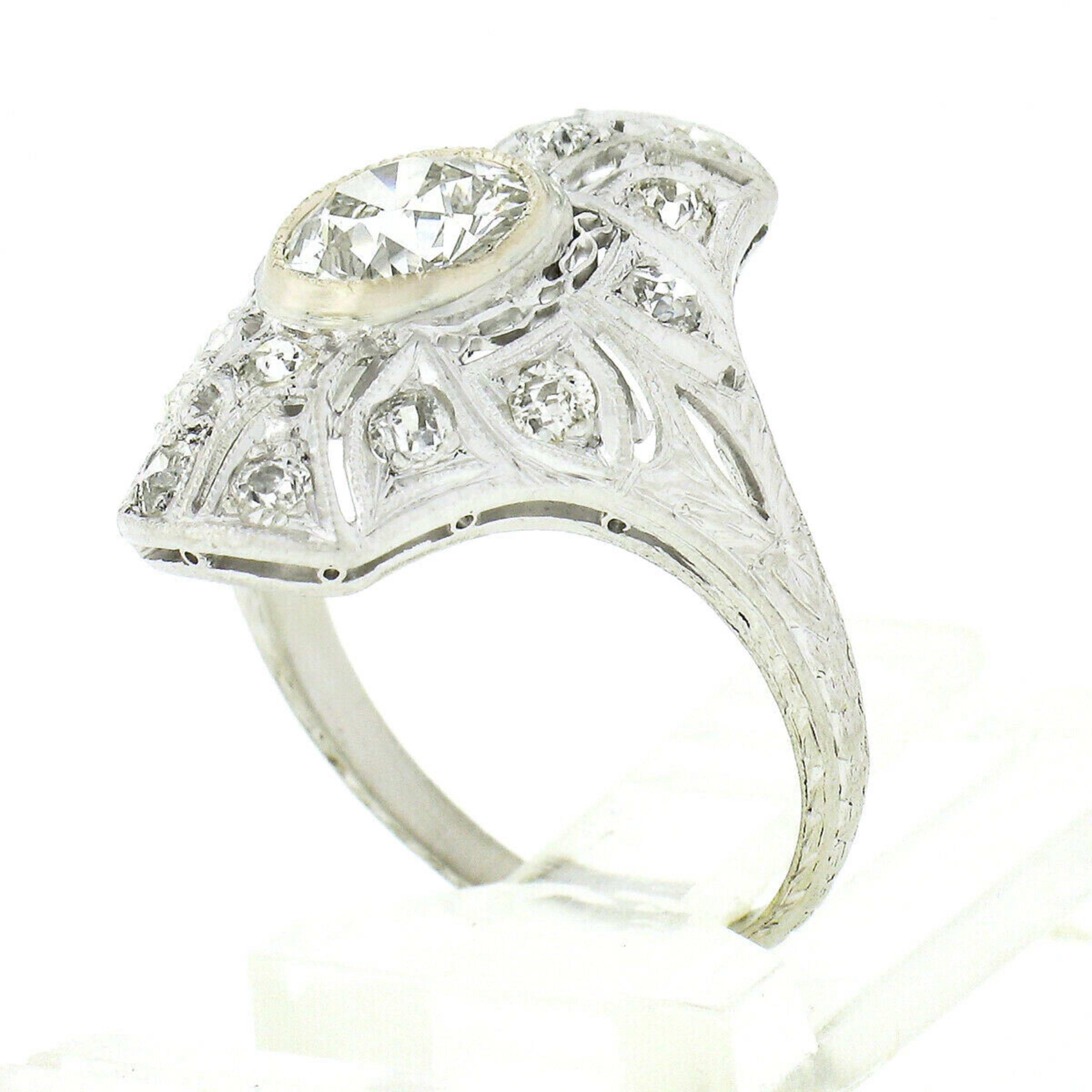 Women's Antique Art Deco .900 Platinum 1.10ct European Diamond Engraved Engagement Ring