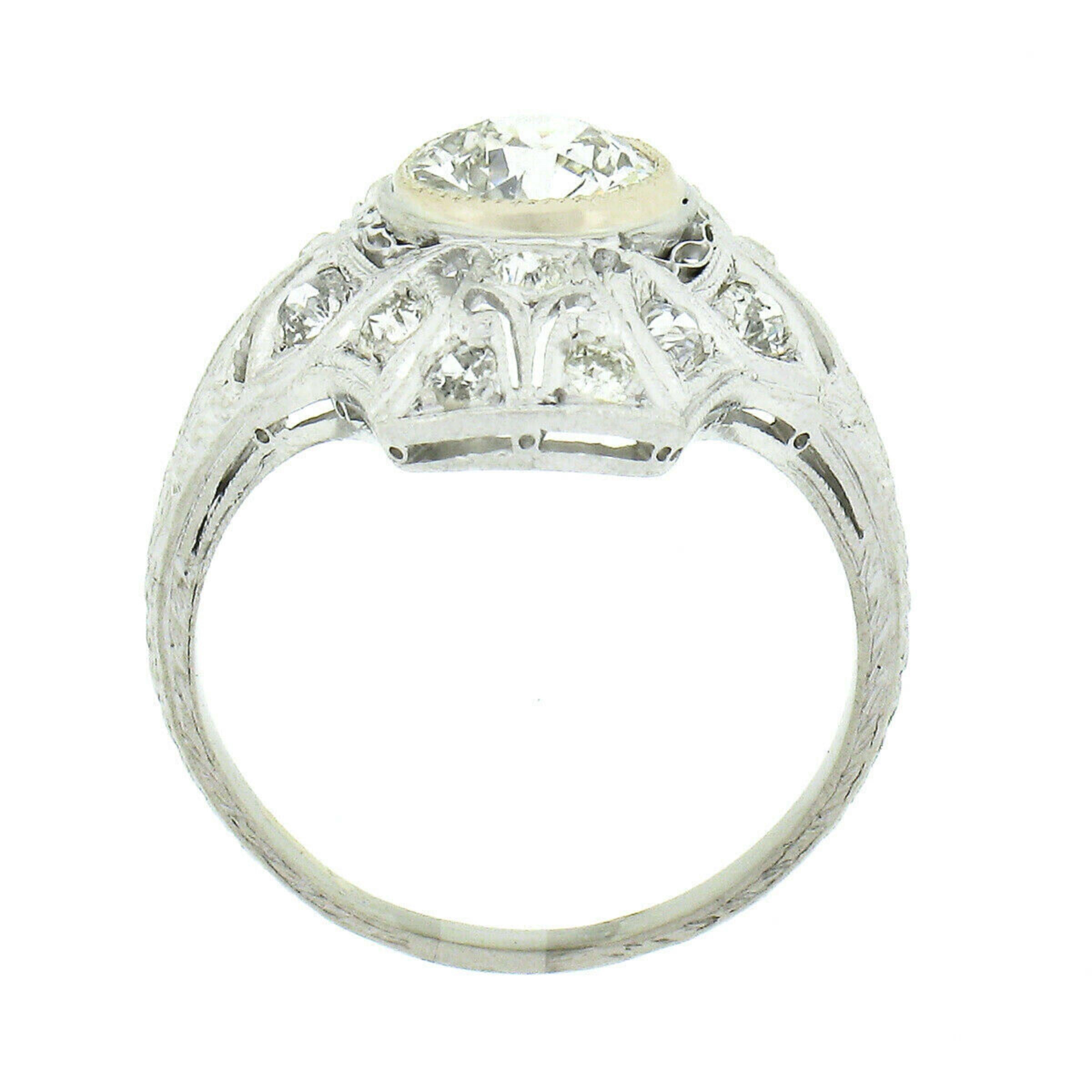 Antique Art Deco .900 Platinum 1.10ct European Diamond Engraved Engagement Ring 1