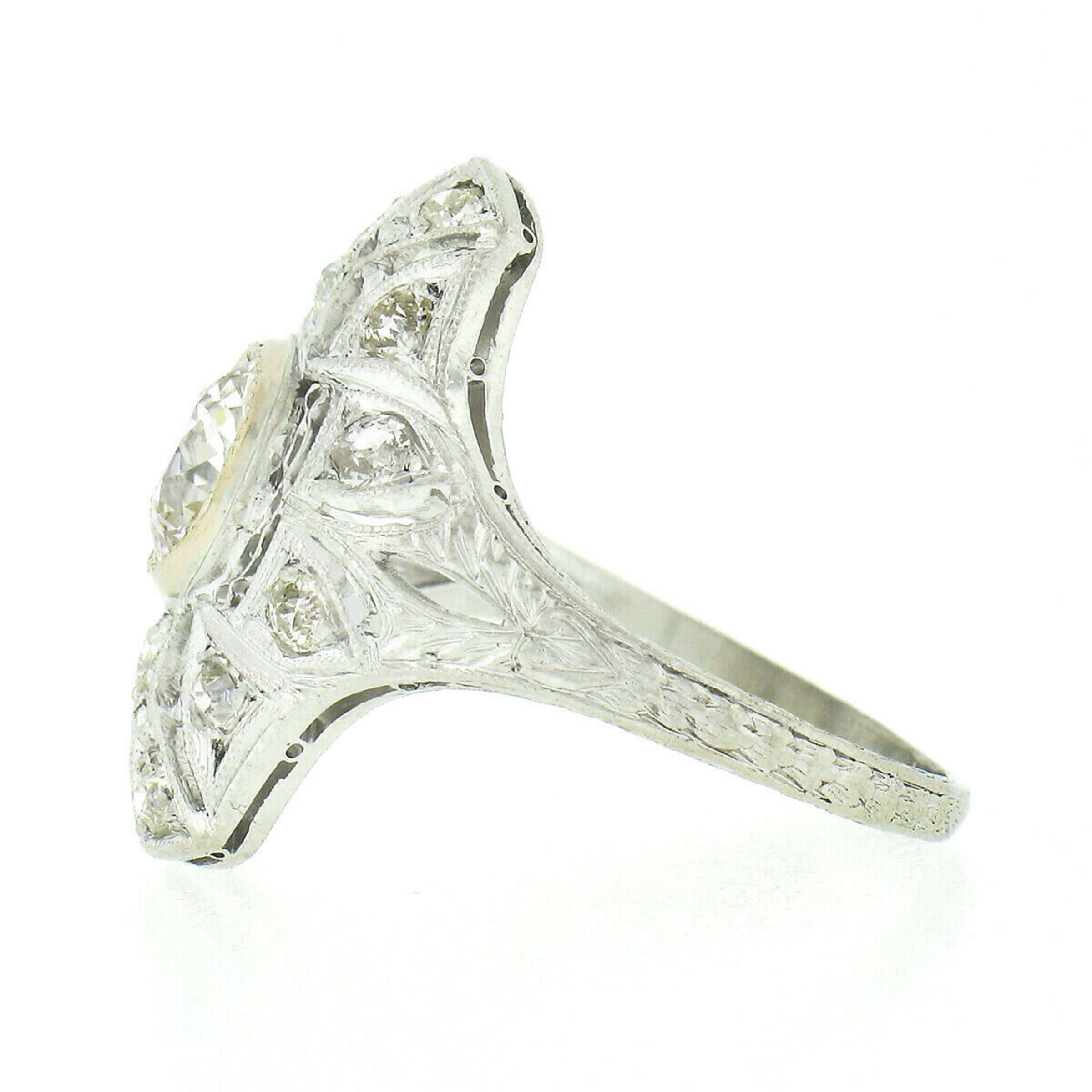 Antique Art Deco .900 Platinum 1.10ct European Diamond Engraved Engagement Ring 2