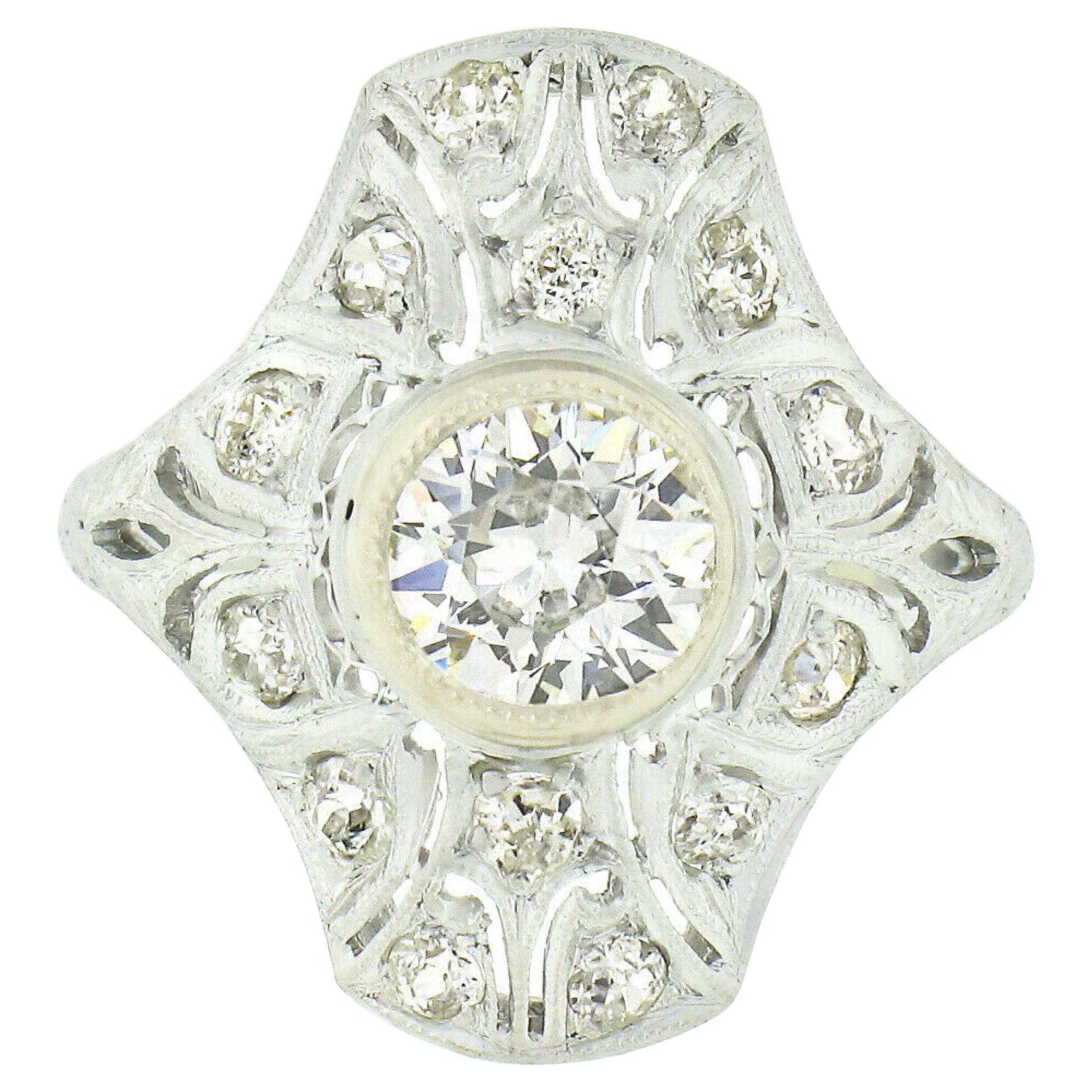 Antique Art Deco .900 Platinum 1.10ct European Diamond Engraved Engagement Ring