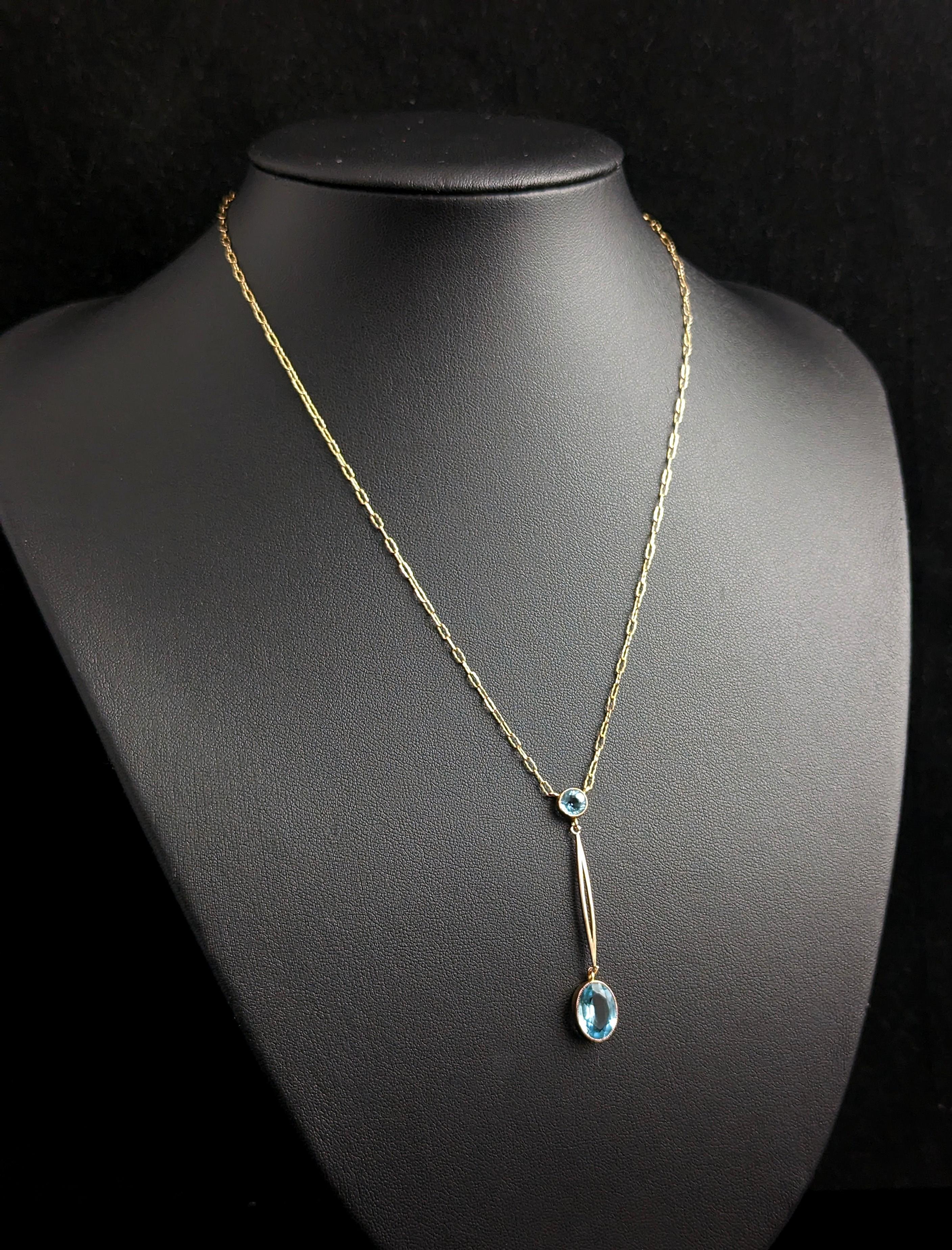 Antique Art Deco 9k gold drop pendant necklace, Blue paste  For Sale 3