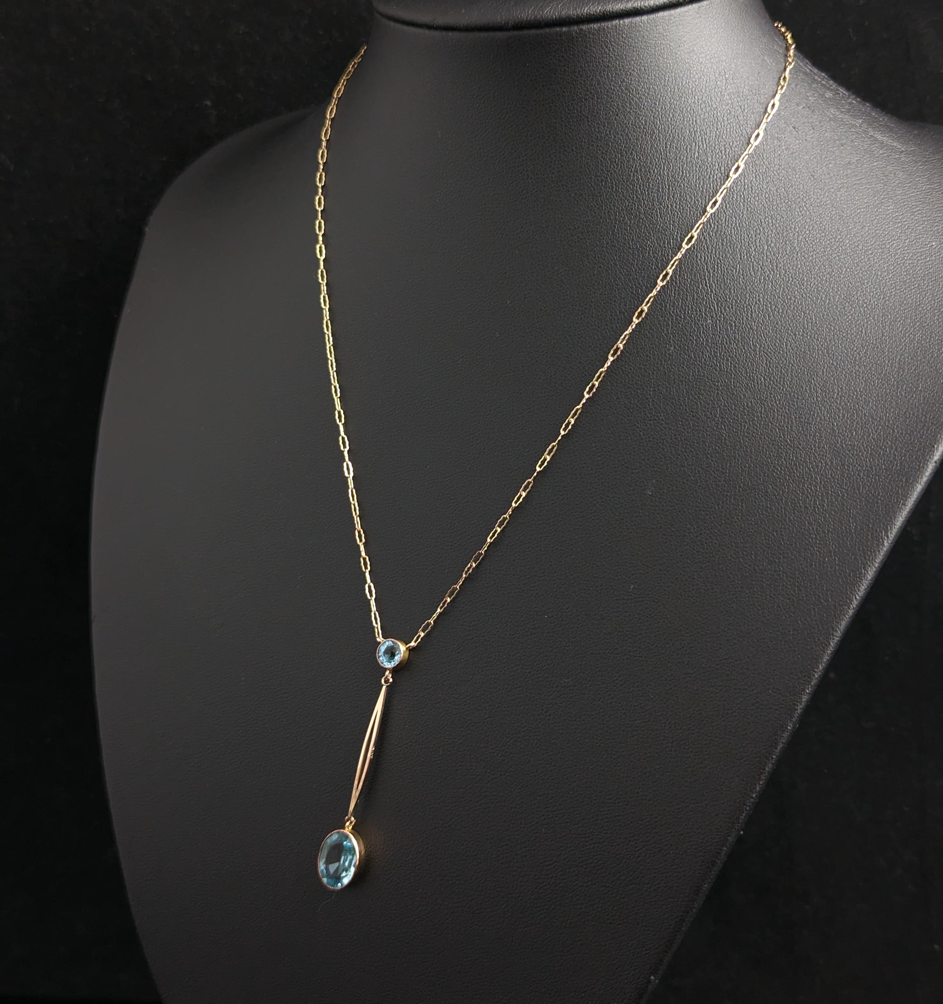 Antique Art Deco 9k gold drop pendant necklace, Blue paste  For Sale 4