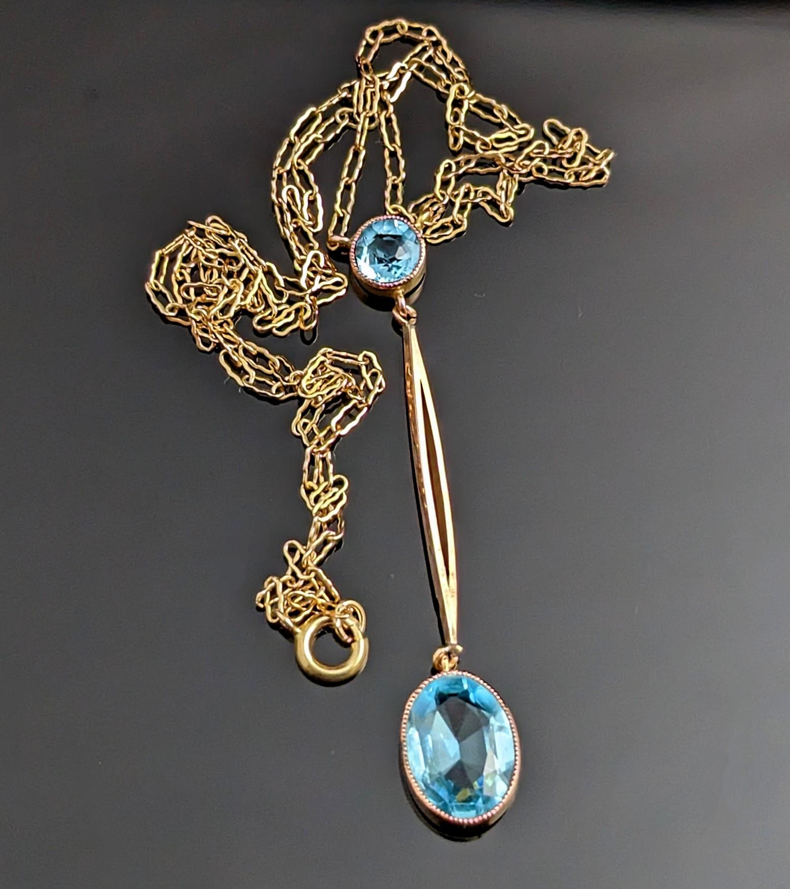 Antike Art-Déco-Halskette mit 9 Karat Goldtropfenanhänger, blaue Paste  im Zustand „Gut“ im Angebot in NEWARK, GB