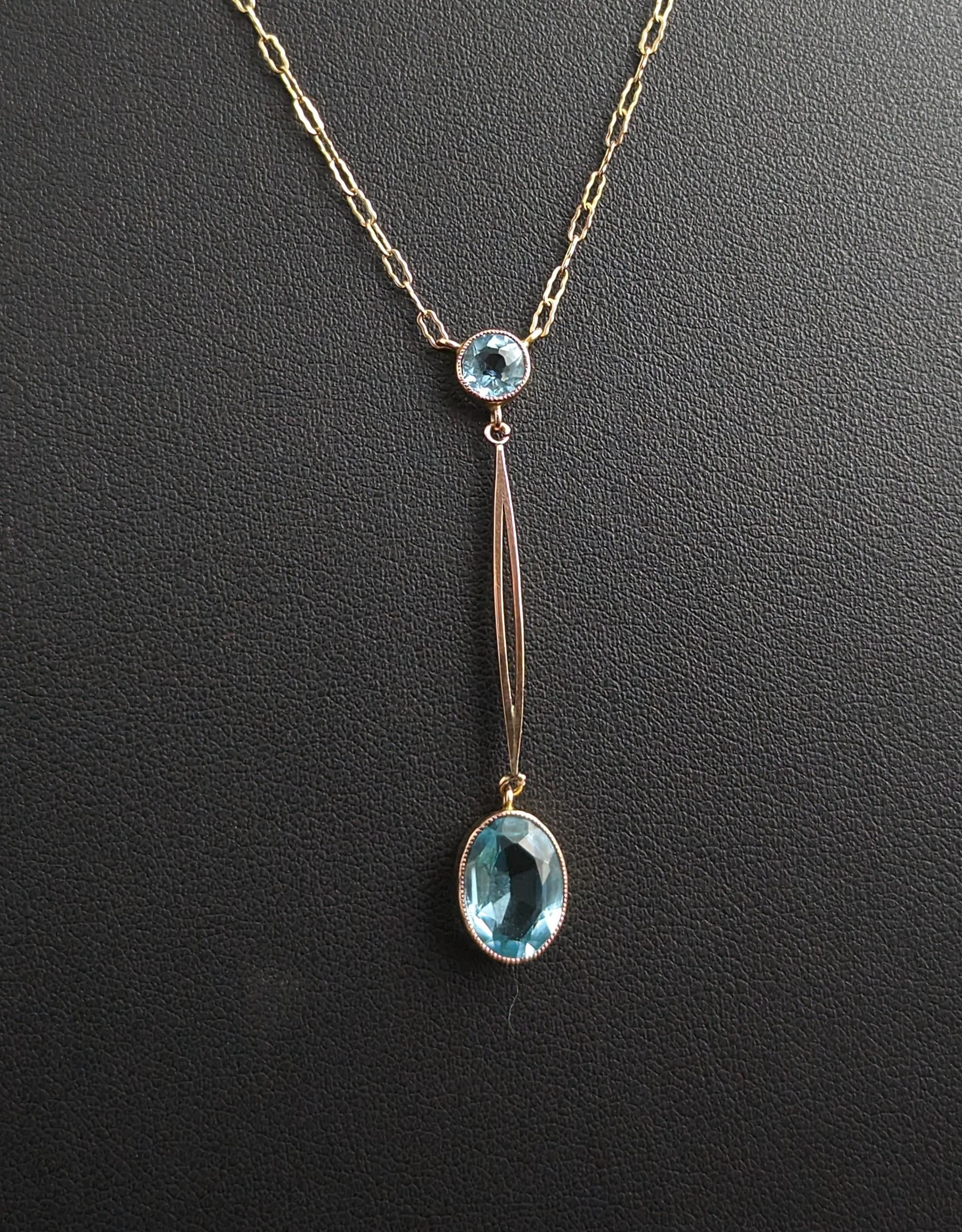 Women's Antique Art Deco 9k gold drop pendant necklace, Blue paste  For Sale