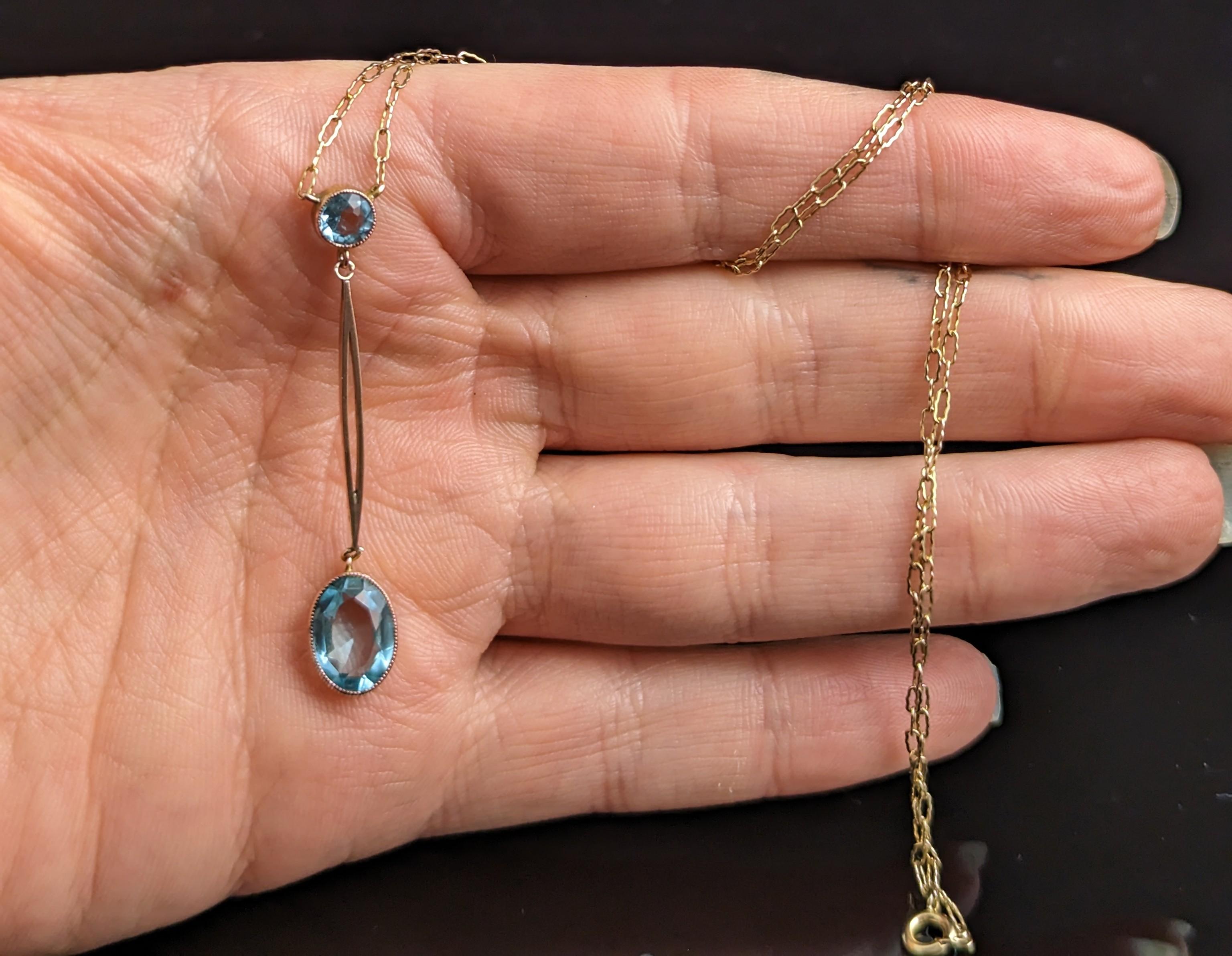 Antique Art Deco 9k gold drop pendant necklace, Blue paste  For Sale 1