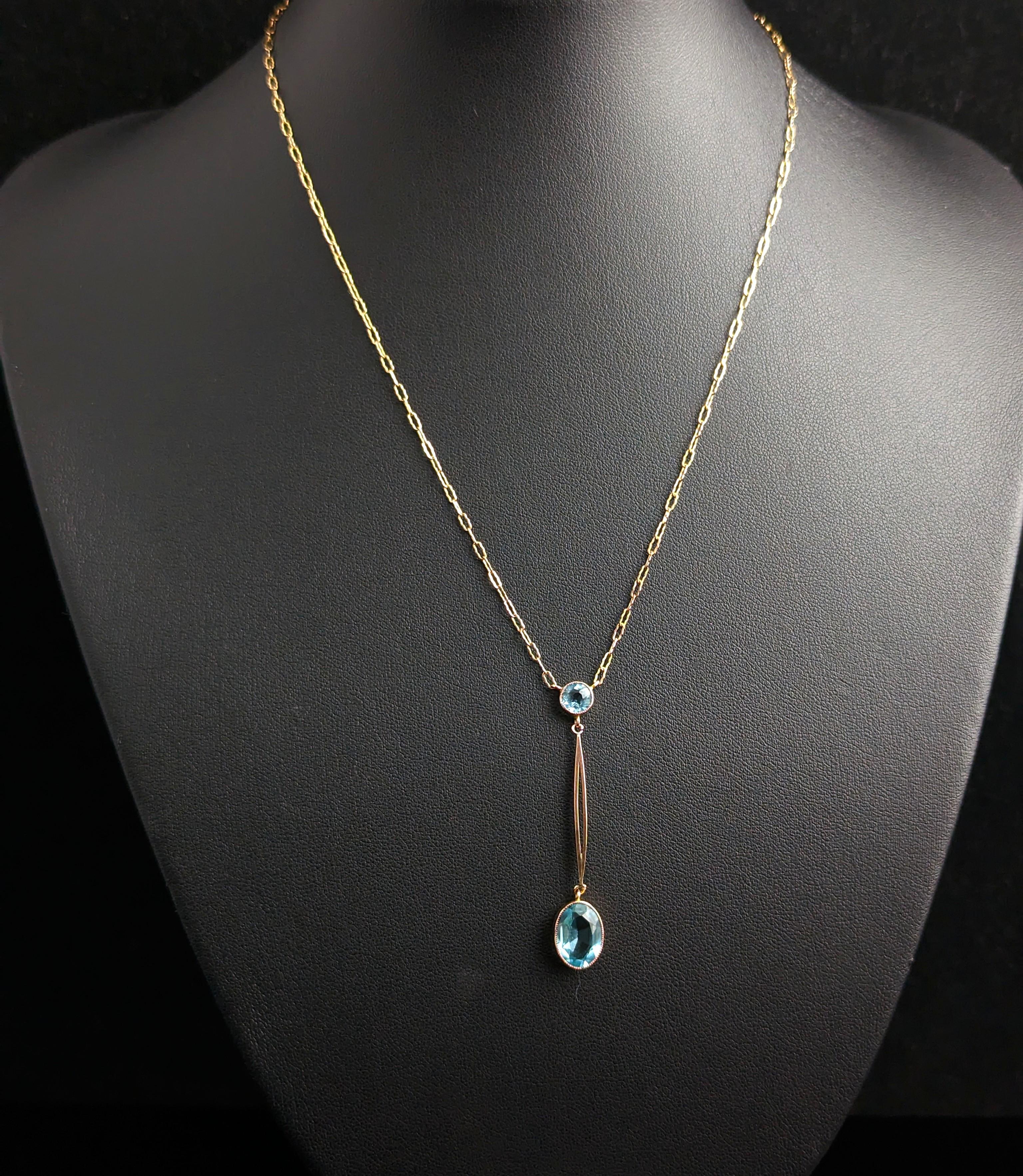 Antique Art Deco 9k gold drop pendant necklace, Blue paste  For Sale 2