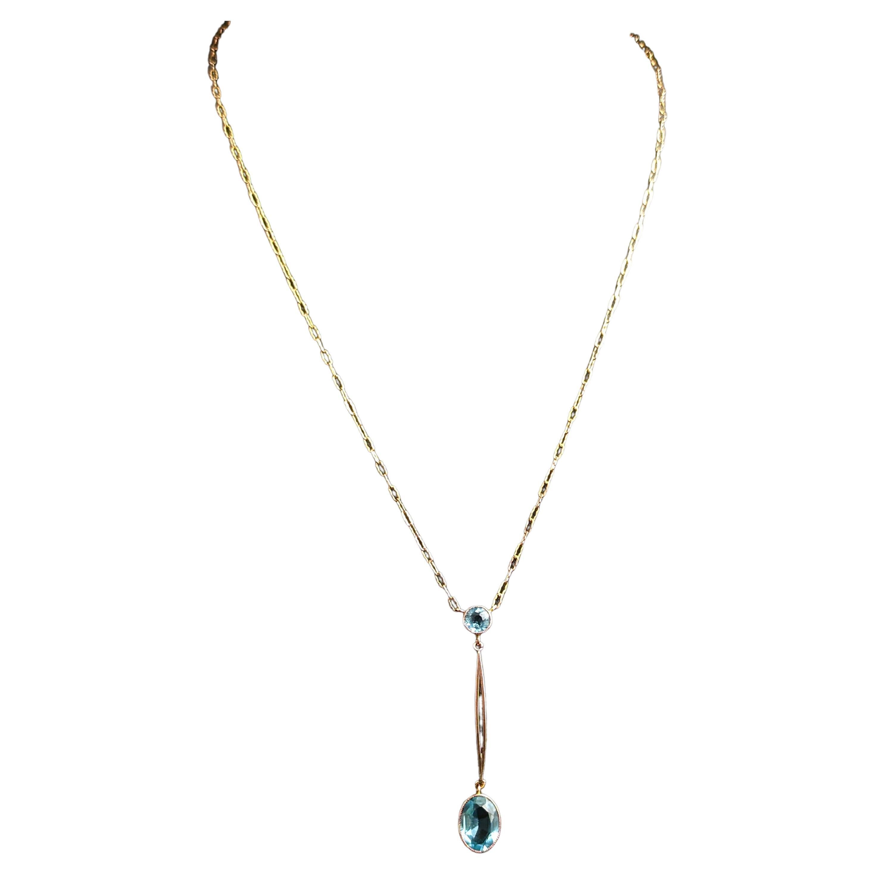 Antique Art Deco 9k gold drop pendant necklace, Blue paste  For Sale