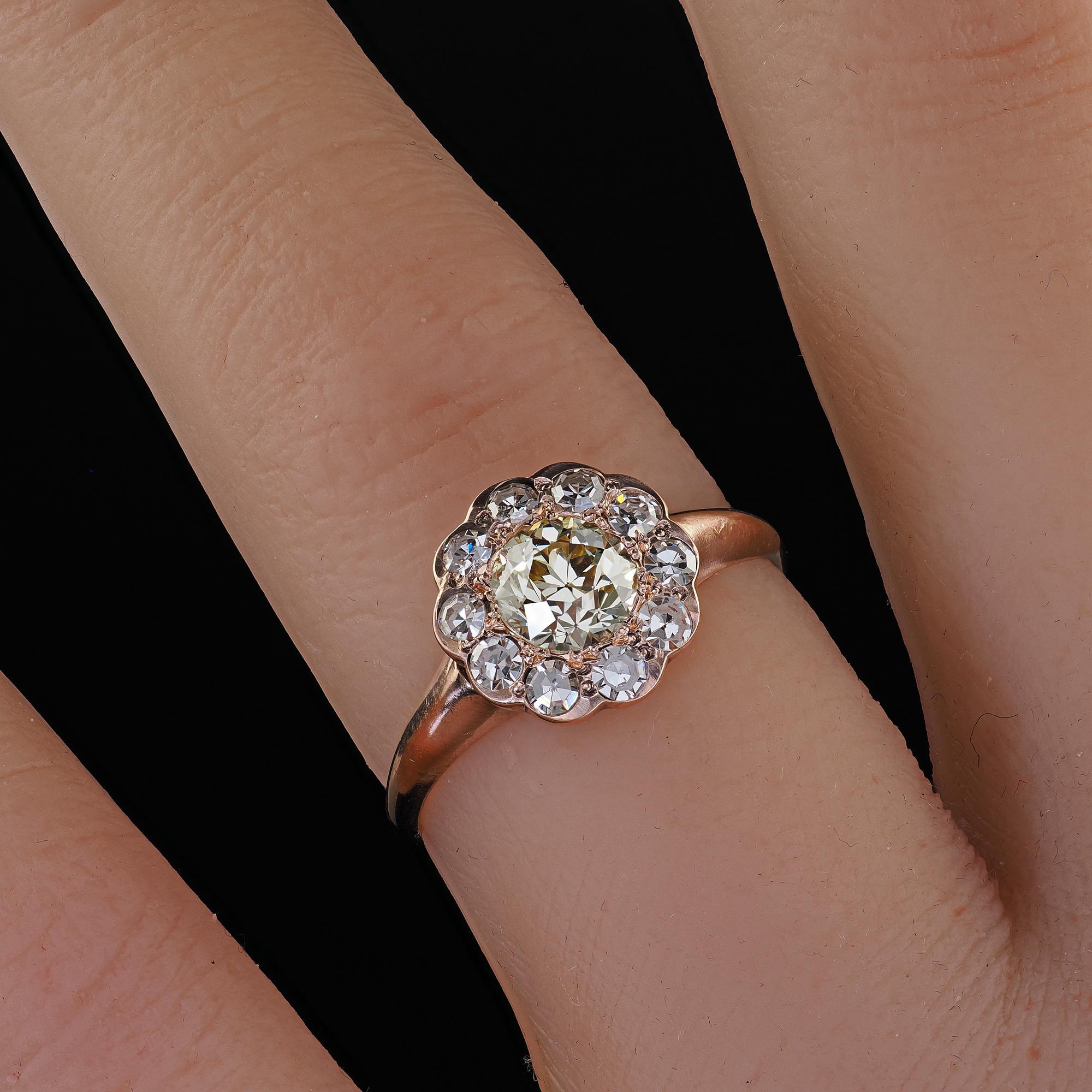 Antique Art Deco 9K Rose Gold Old Cut Diamond Cluster Engagement Ring 5