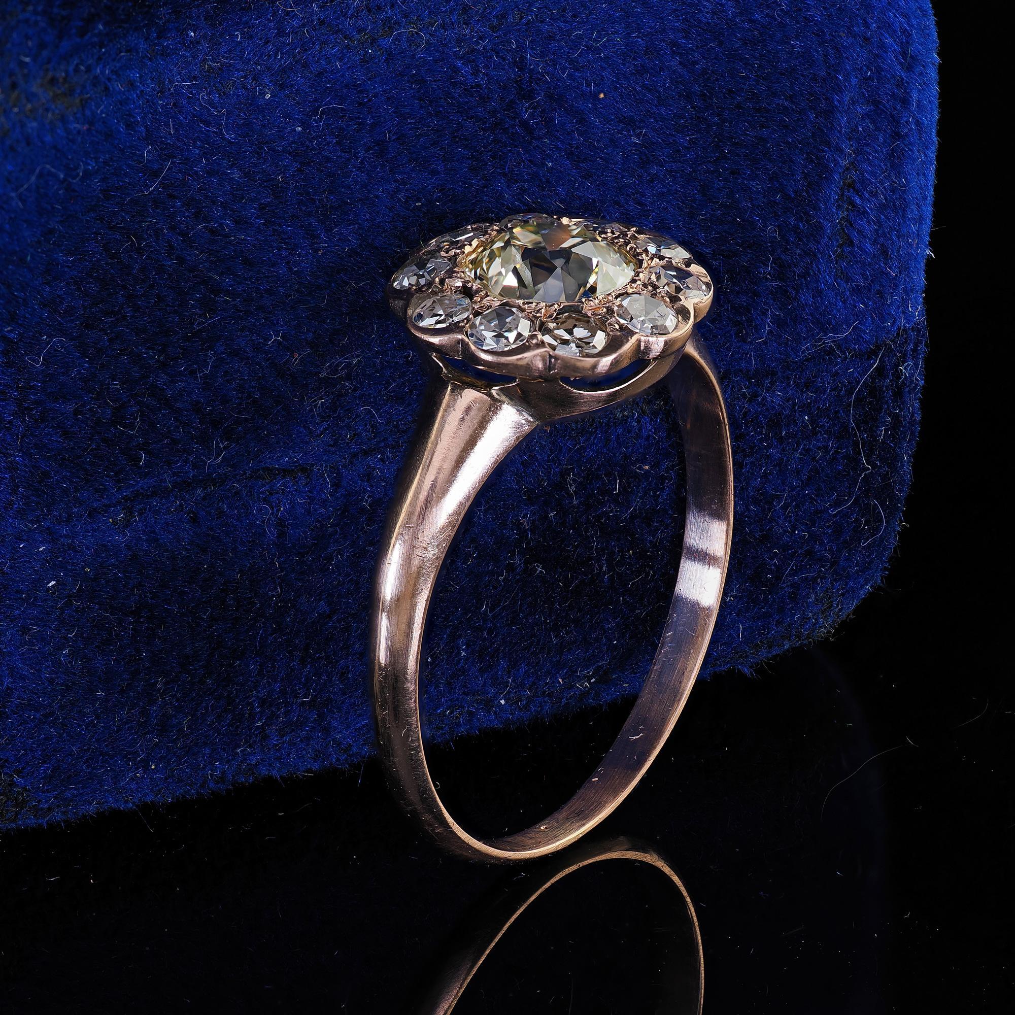 Old European Cut Antique Art Deco 9K Rose Gold Old Cut Diamond Cluster Engagement Ring