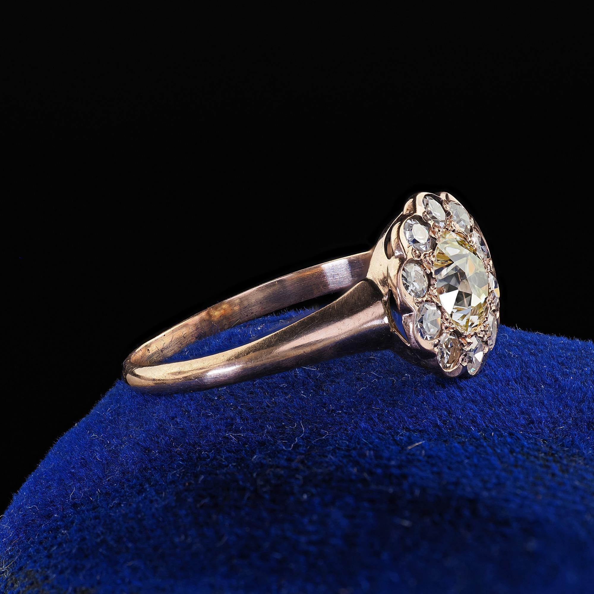 Antique Art Deco 9K Rose Gold Old Cut Diamond Cluster Engagement Ring In Good Condition In Great Neck, NY
