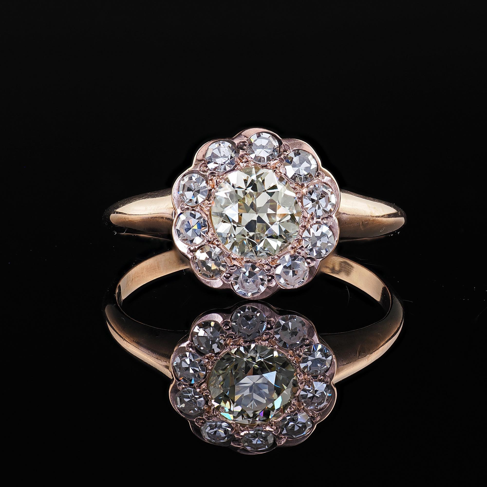 Antique Art Deco 9K Rose Gold Old Cut Diamond Cluster Engagement Ring 2