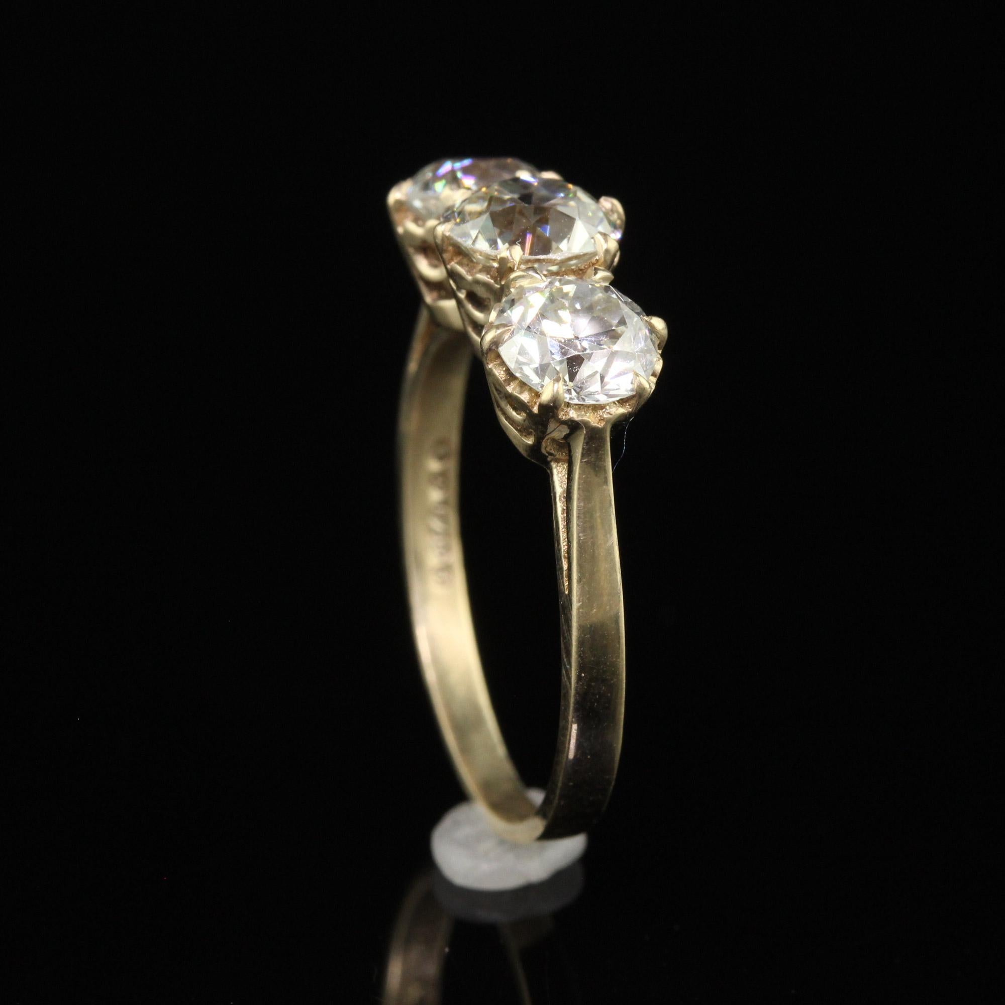 Antique Art Deco 9K Yellow Gold Old Euro Diamond Three Stone Engagement Ring - G For Sale 1